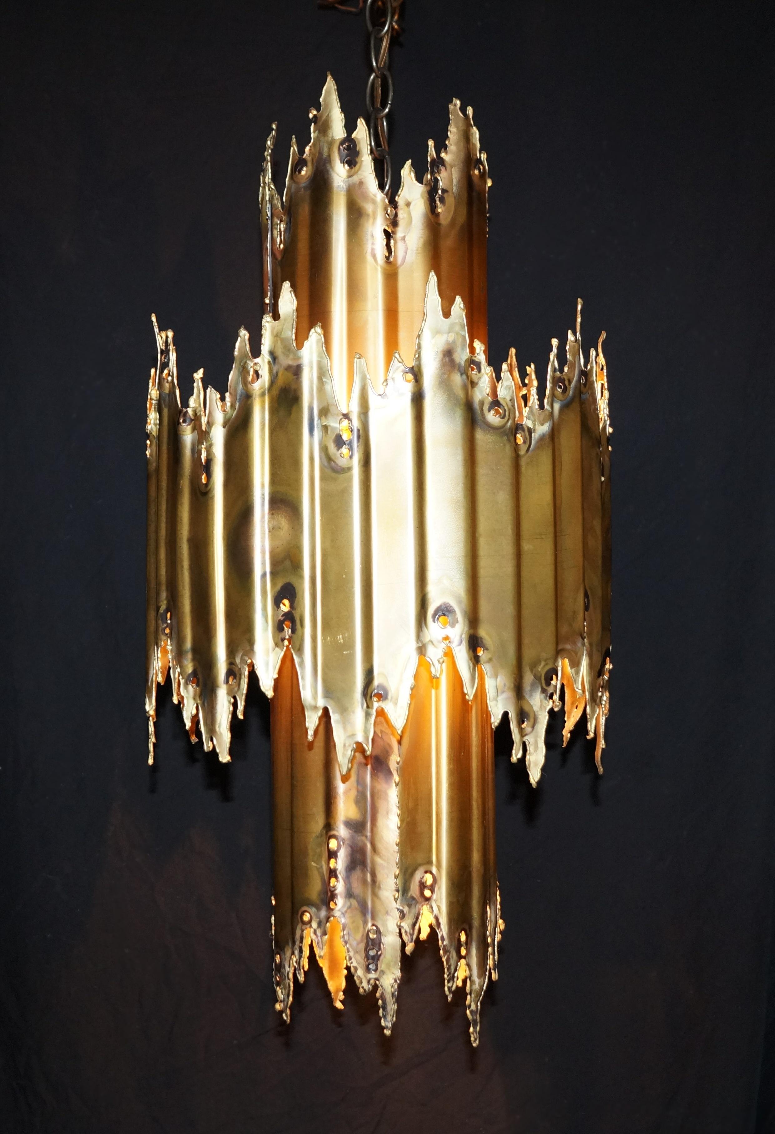 Burnished Brutalist Swag Pendant Light Lamp Tom Greene Brass Feldman Co Mid-Century Modern For Sale