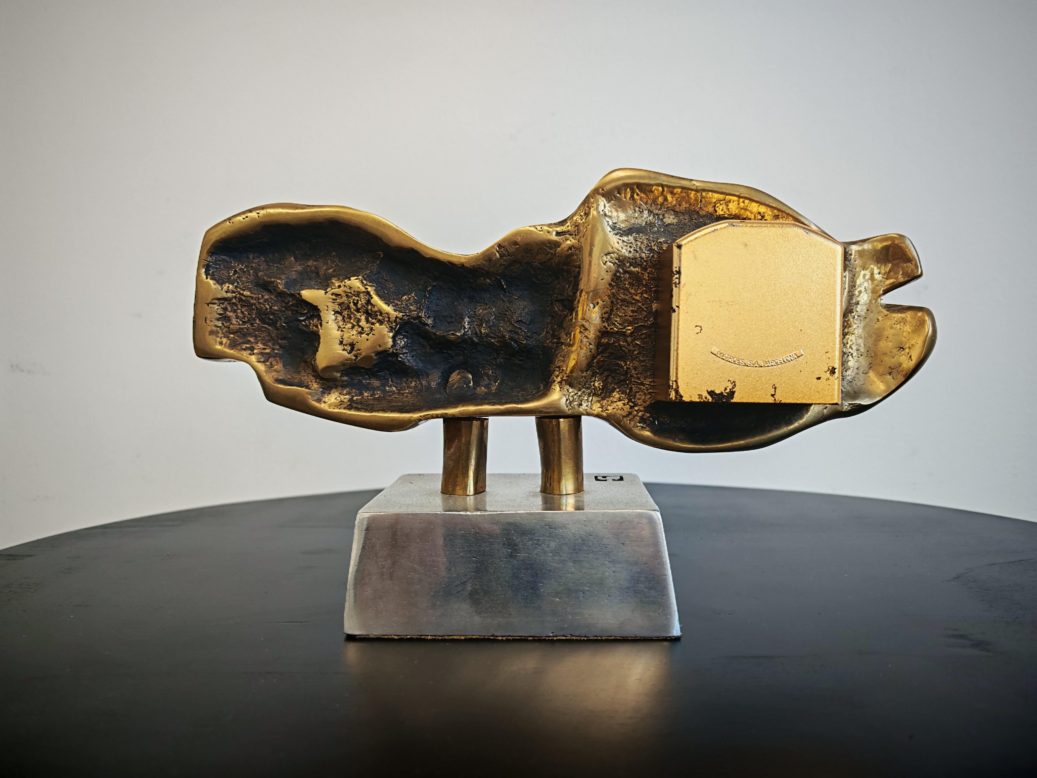 Brutalist Table Clock in bronze by David Marshal, Spain 1970s For Sale 5