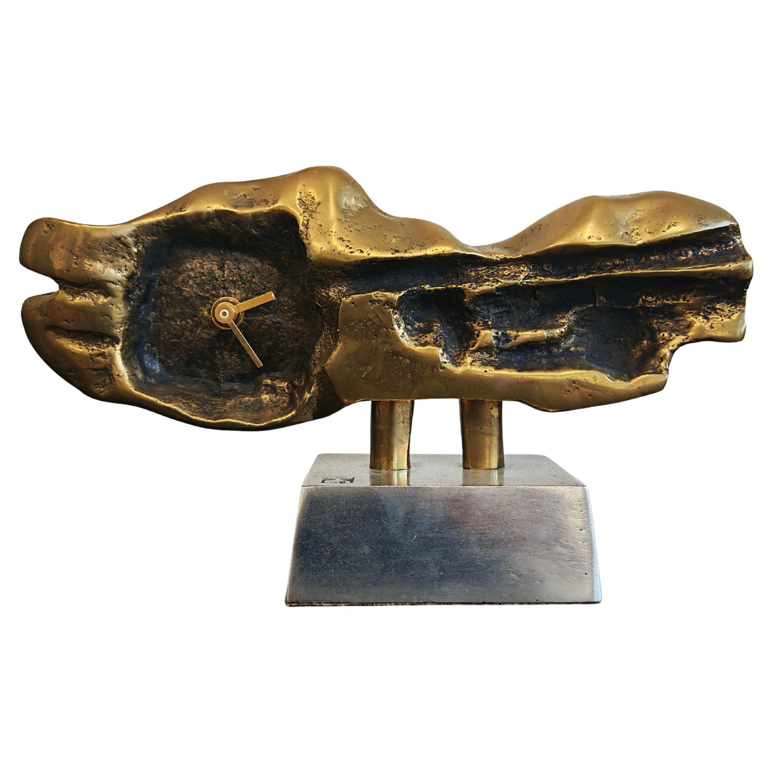 Brutalist Table Clock in bronze by David Marshal, Spain 1970s For Sale