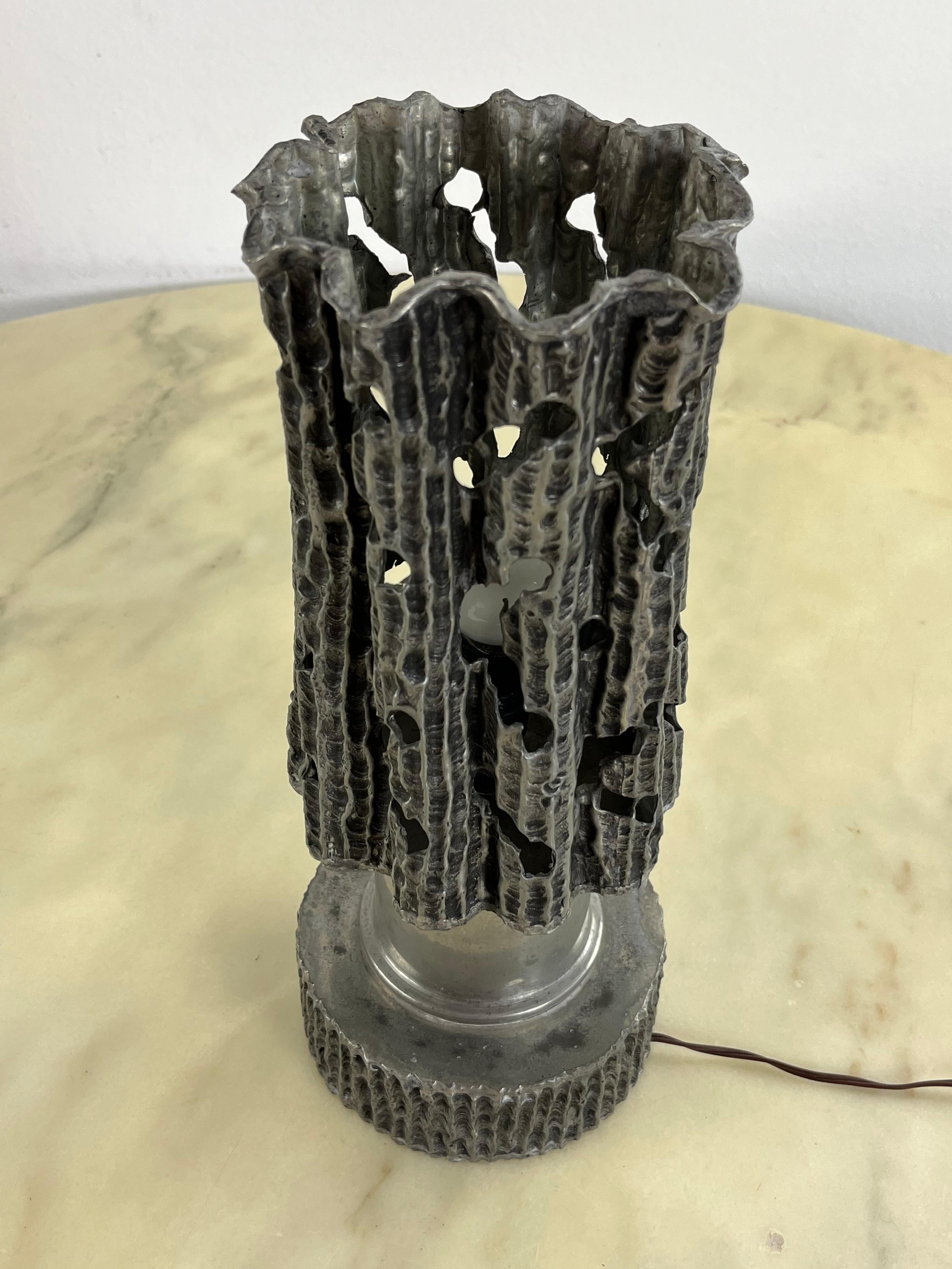 Pewter Brutalist Table Lamp Attributed to Marcello Fantoni Italian Design 1970s For Sale