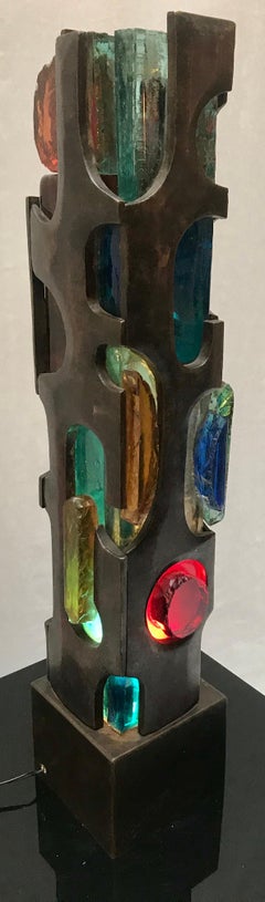 Brutalist Table Lamp Bronze and Glass