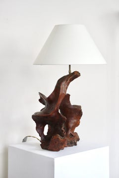 Brutalist Table Lamp, Carved Wood from Tree Root, French Design, 1970s