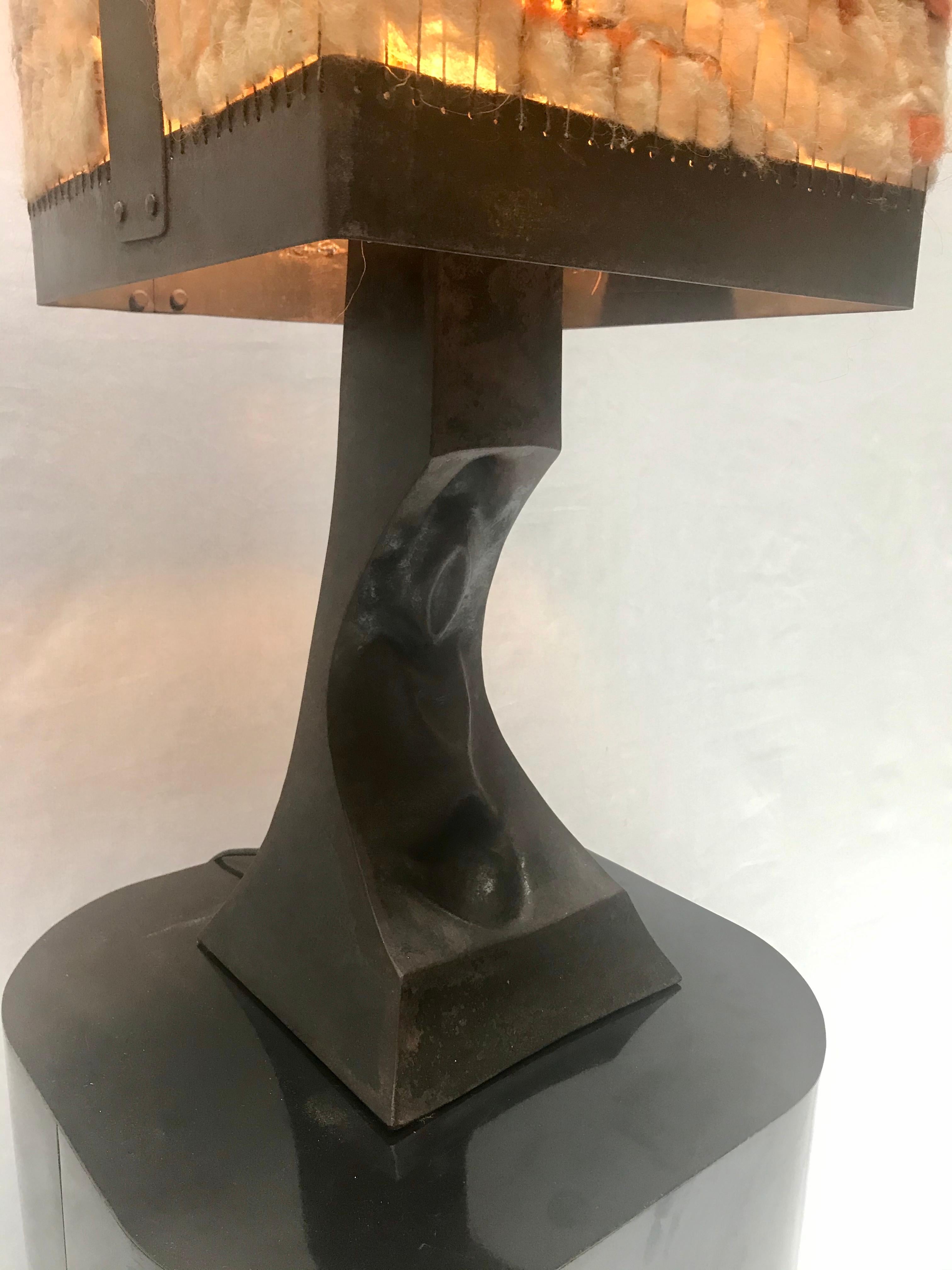 Patinated Brutalist Table Lamp with Wool Lampshade For Sale