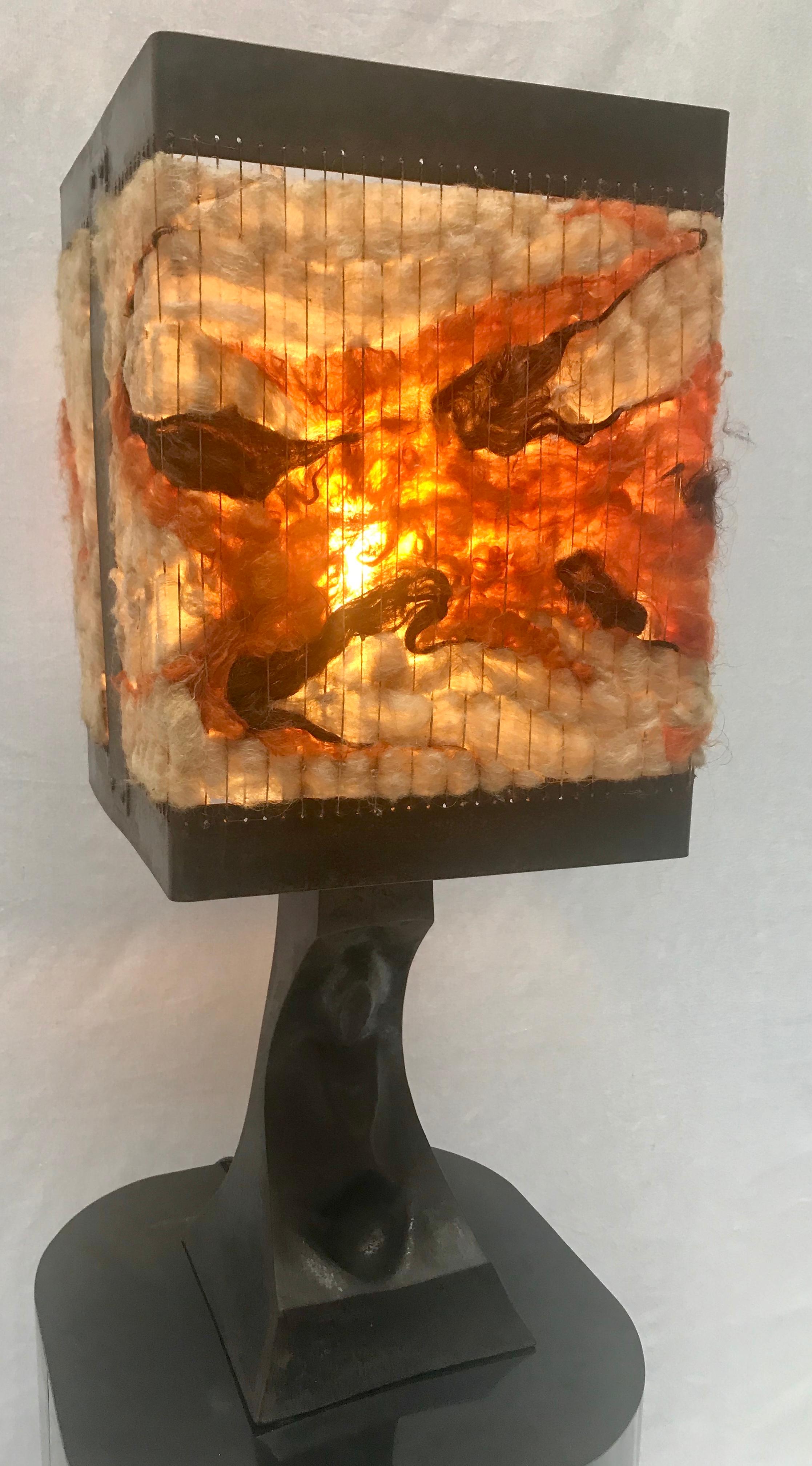 Metal Brutalist Table Lamp with Wool Lampshade For Sale