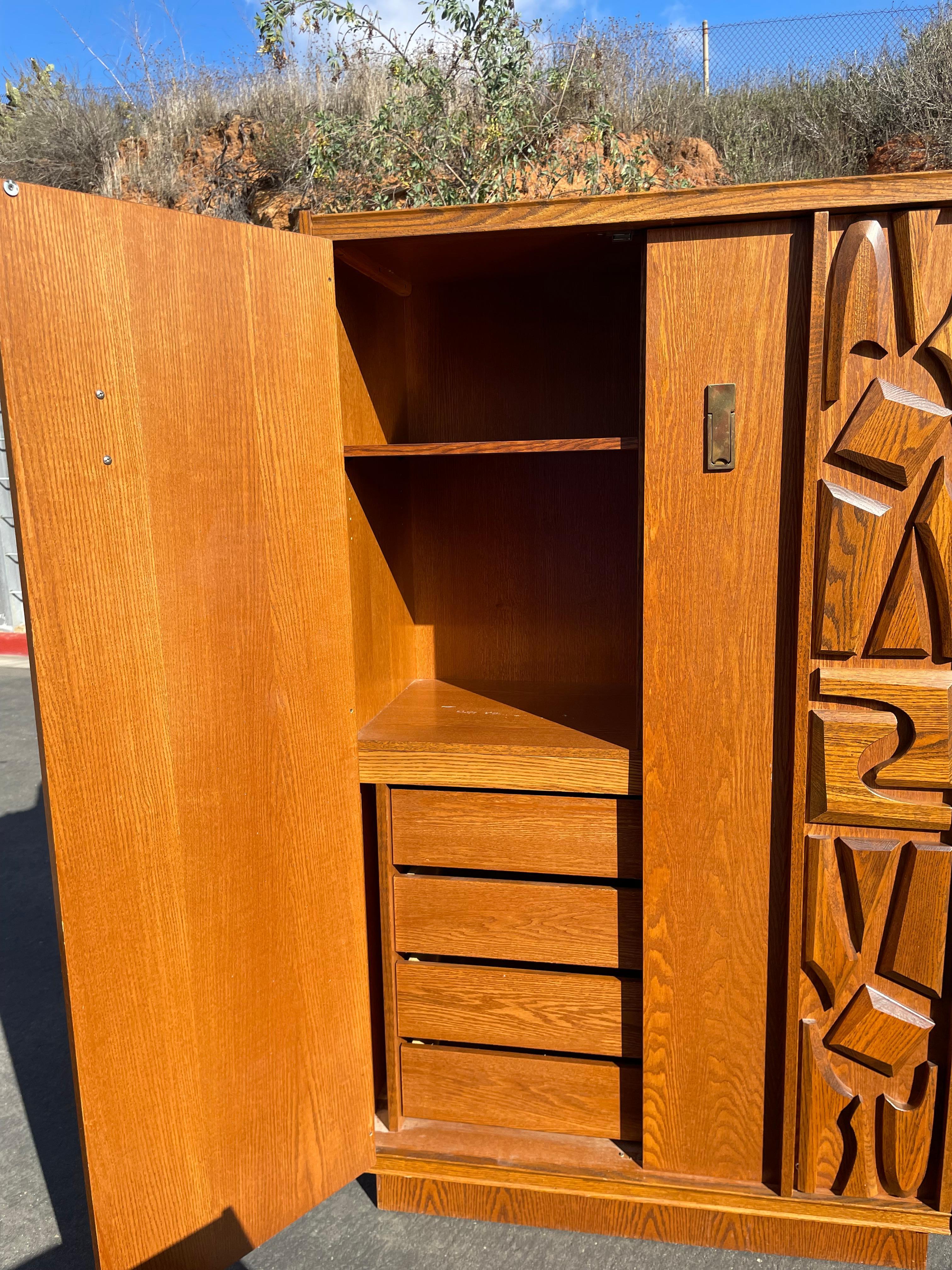 Wood Brutalist Tallboy Dresser Cabinet 