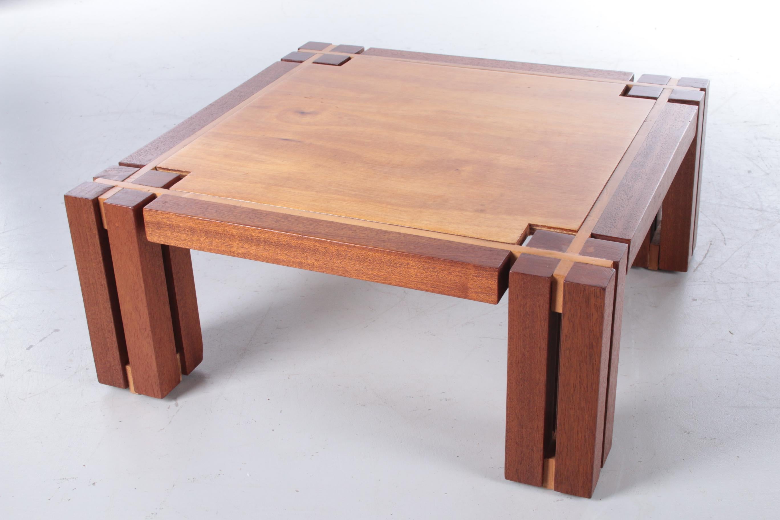 Brutalist teak wood coffee table, 1970s

This is a solid wood coffee table beautiful with the two colors of wood.

It resembles the brutalist style beautiful openwork legs.

The leaf is loose in it, so it can be cleaned very well.

Made of