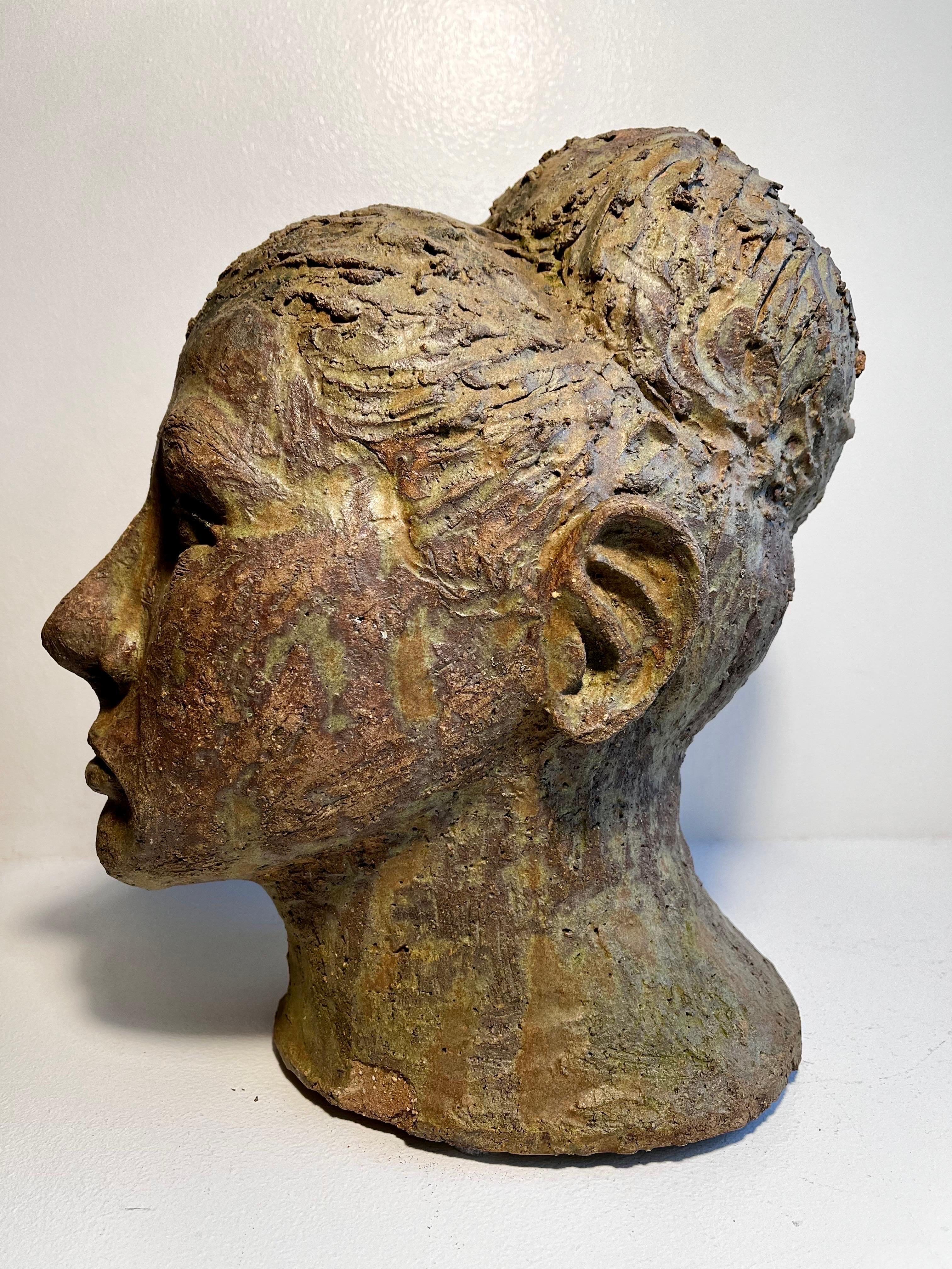 Pottery Brutalist Terracotta Female Bust Sculpture For Sale