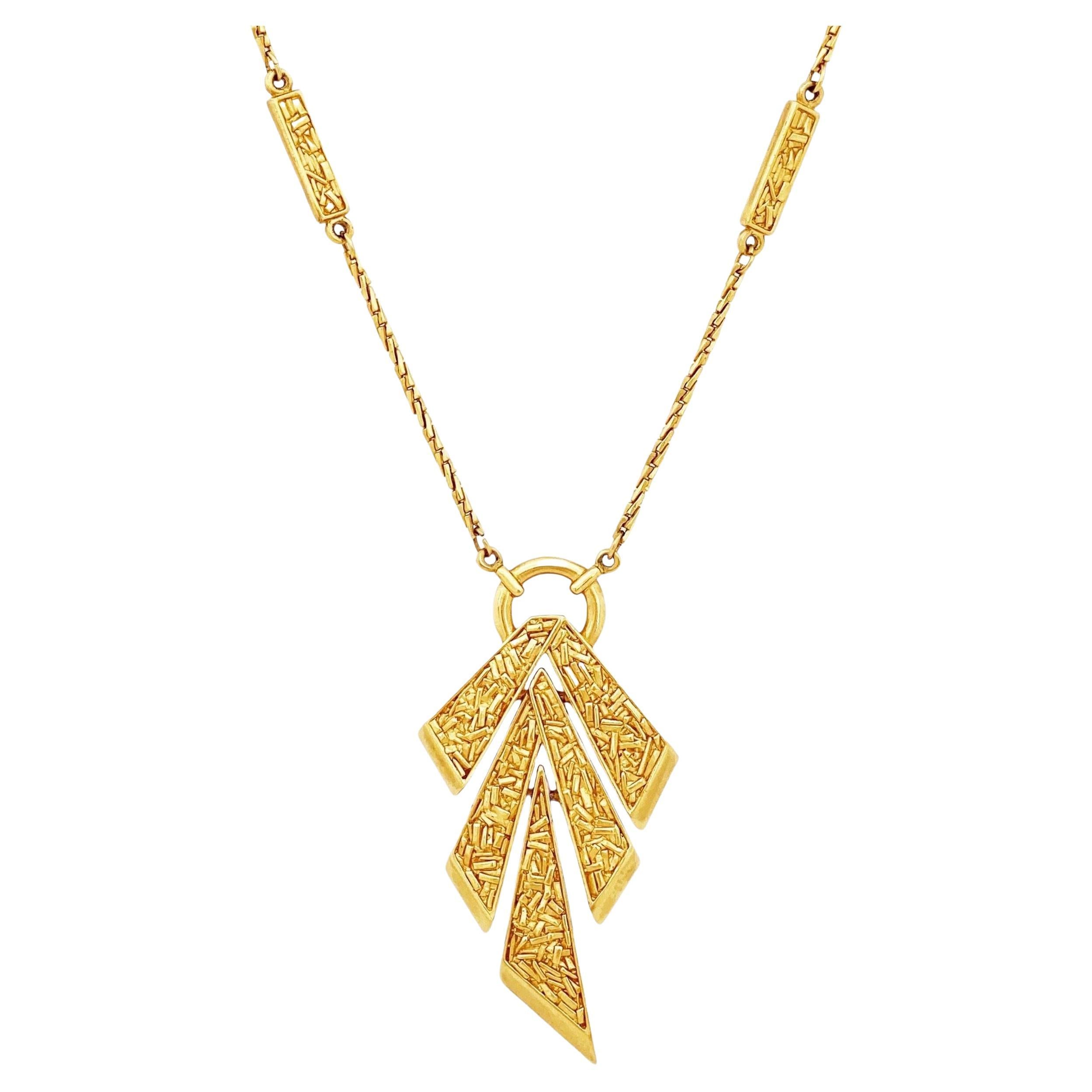Brutalist Textured Gold Modernist Pendant Necklace By Crown Trifari, 1960s