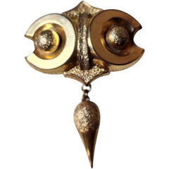 Brutalist Textured Gold-Tone Geometric Brooch with Dangle Drop, 1970s