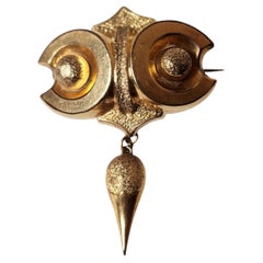 Brutalist Textured Gold-Tone Geometric Brooch with Dangle Drop, 1970s