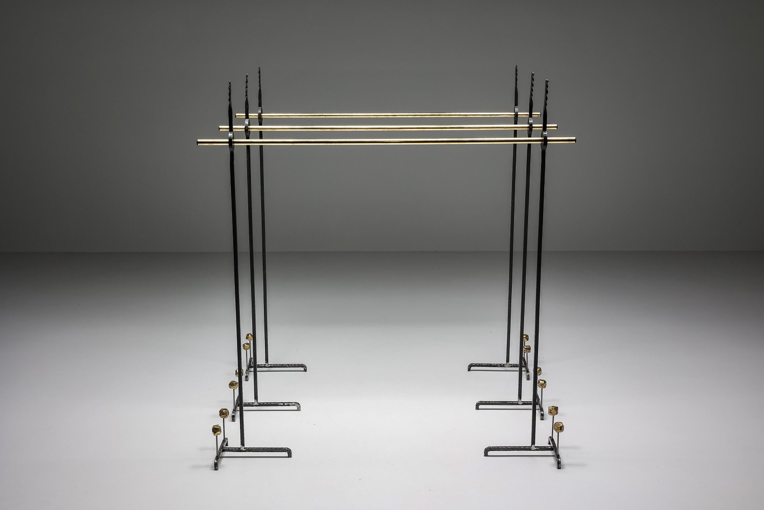 Contemporary; Rustic; Chic; brass; Coathanger; clothing racks; Thomas Serruys; Brutalist; Belgian design; Belgium; store element; wardrobe; 

Contemporary clothing racks by Thomas Serruys. Brutalist Wrought and forged iron elements combined with