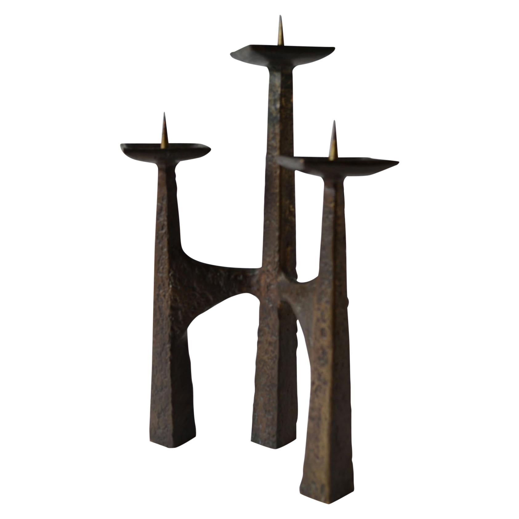 Brutalist Three-Arm Bronze 1960s Candelabra
