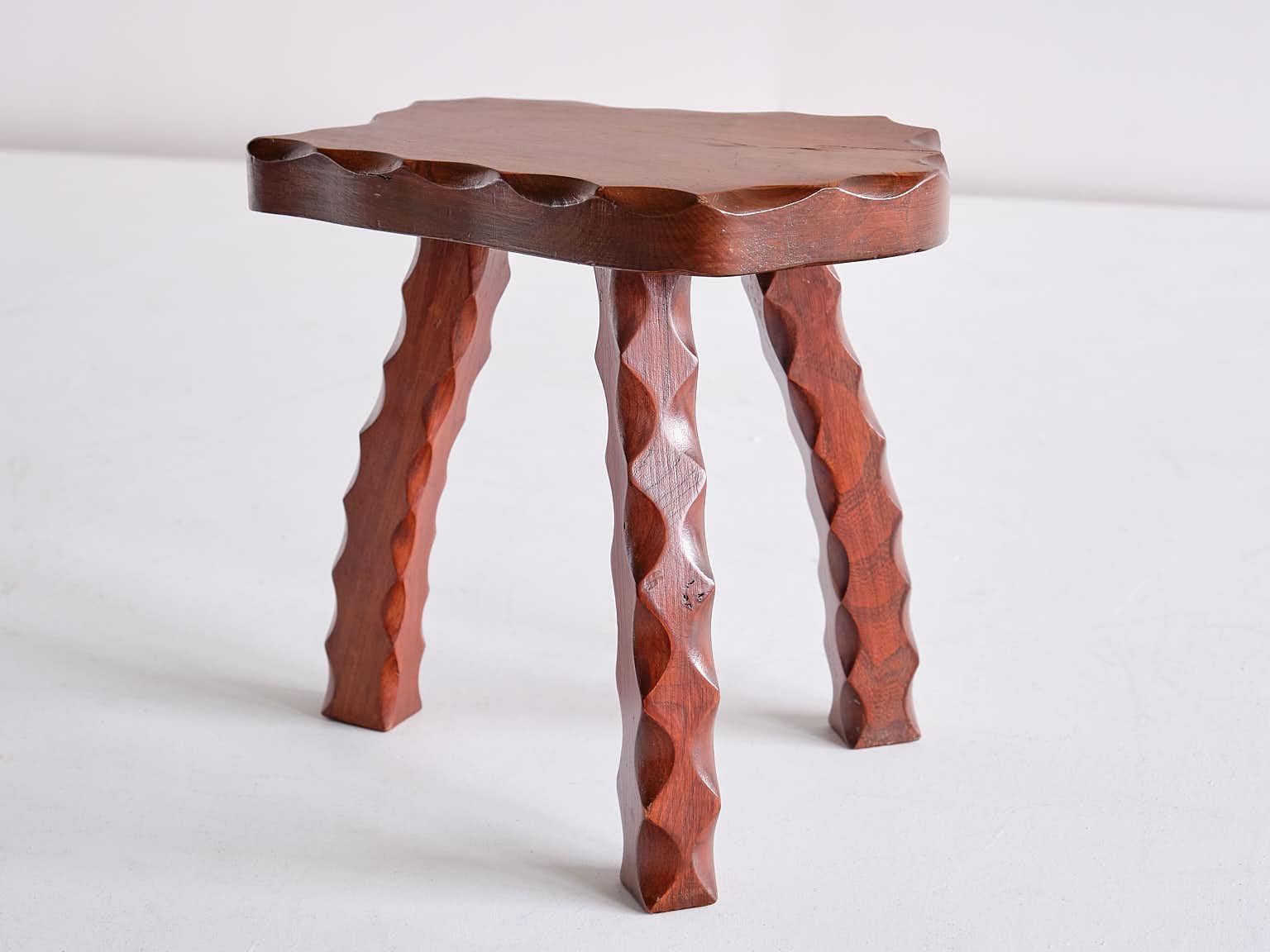 French Brutalist Three Legged Stool in Carved Solid Elm, France, 1950s