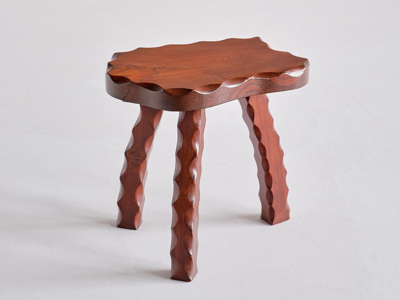 Stained Brutalist Three Legged Stool in Carved Solid Elm, France, 1950s