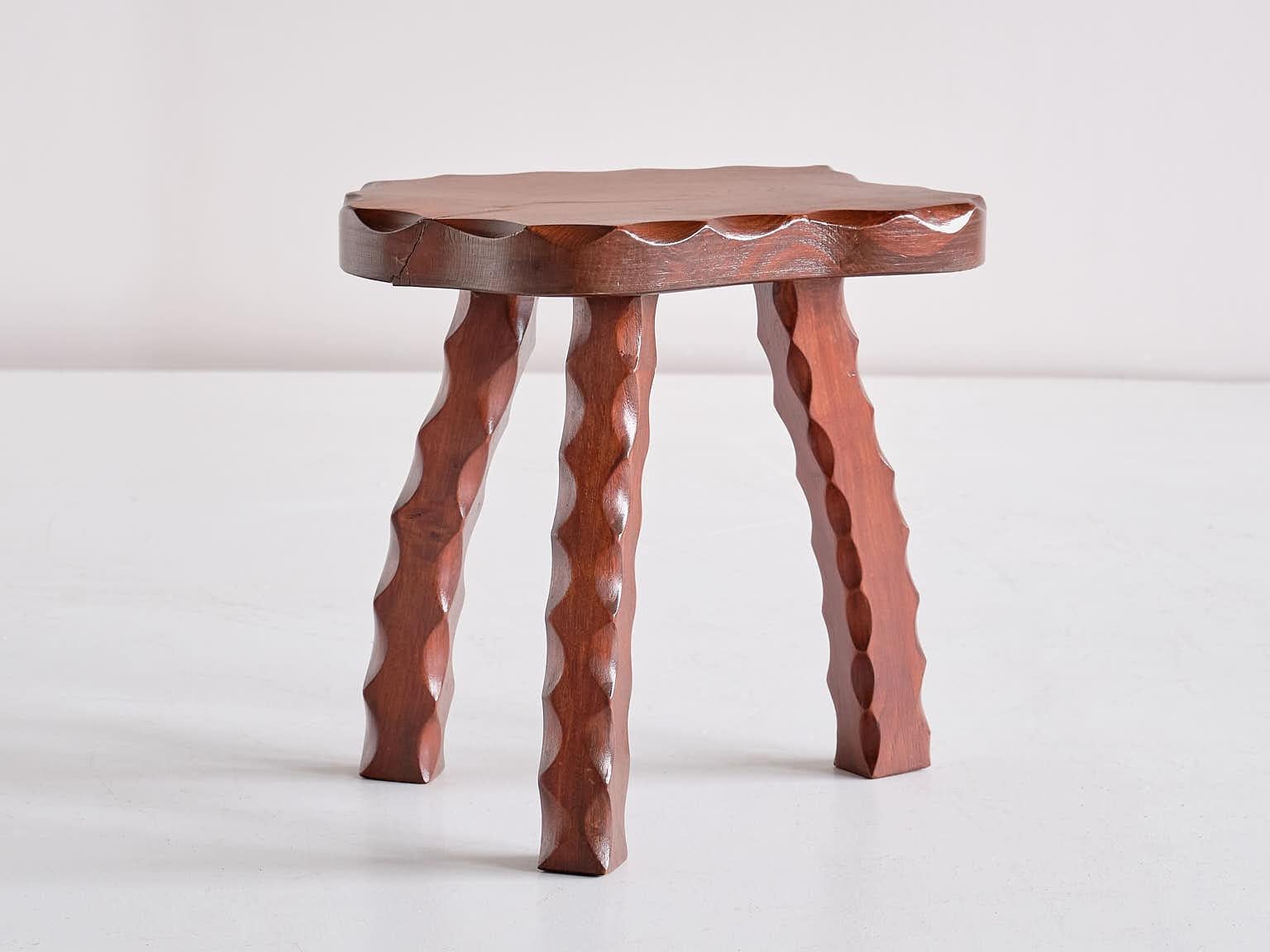 Mid-20th Century Brutalist Three Legged Stool in Carved Solid Elm, France, 1950s