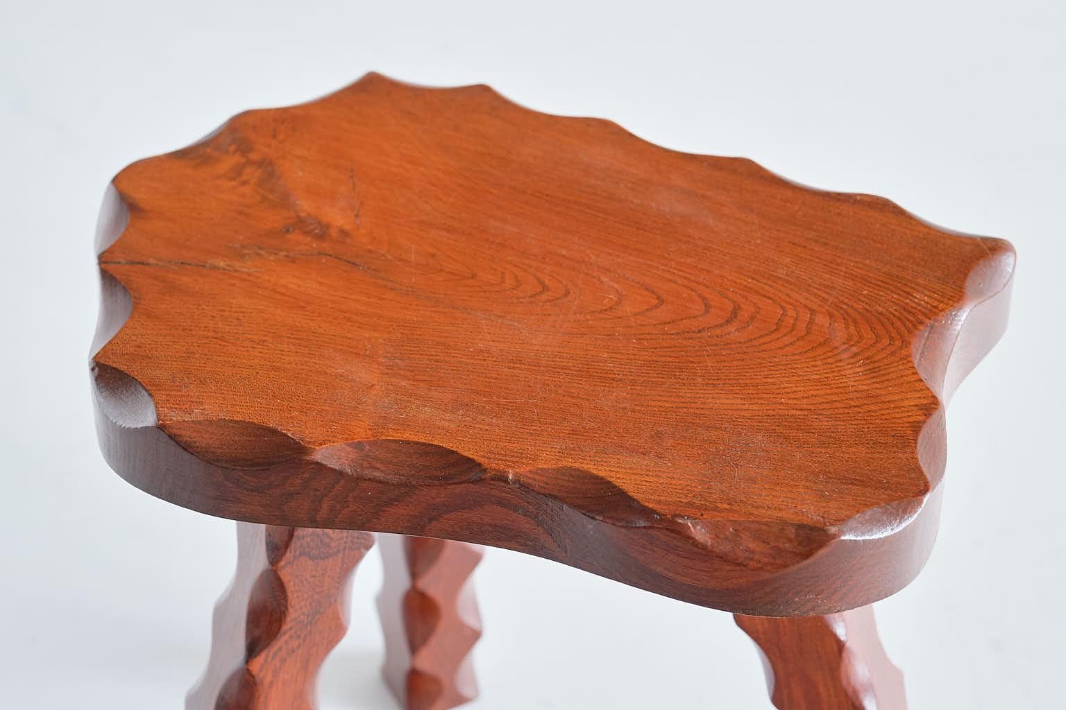 Brutalist Three Legged Stool in Carved Solid Elm, France, 1950s 1
