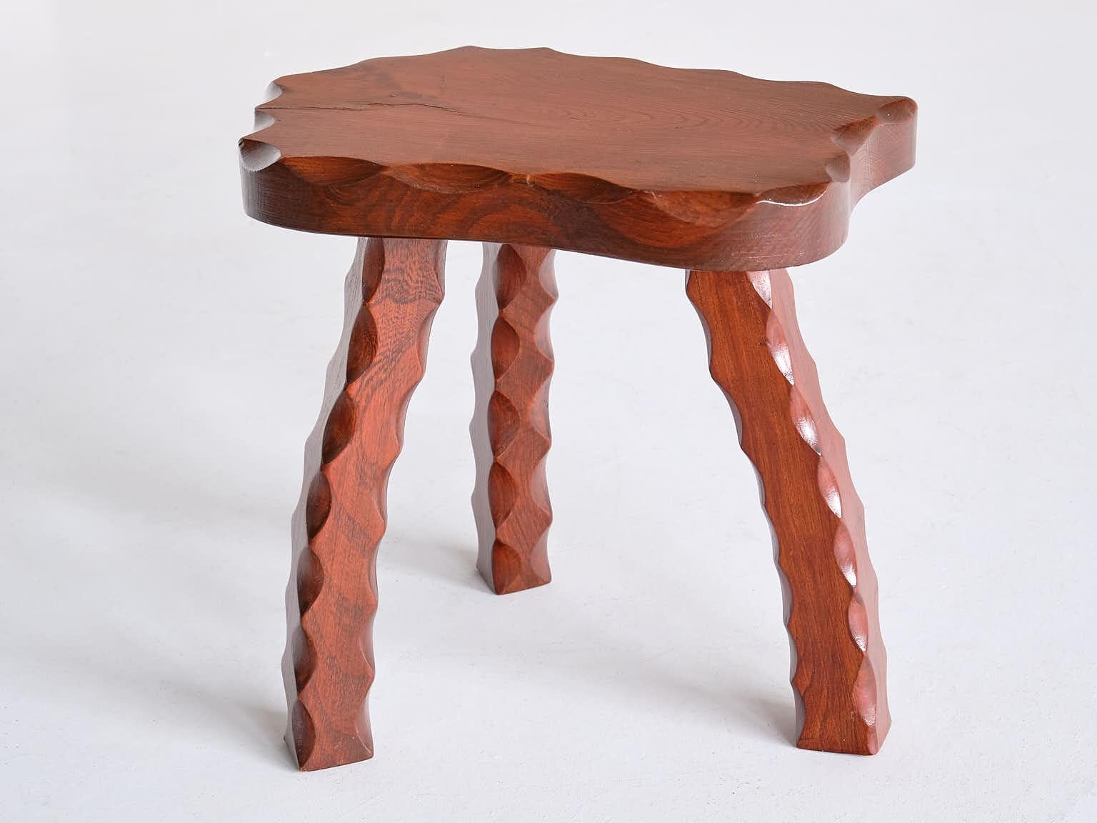 Brutalist Three Legged Stool in Carved Solid Elm, France, 1950s 2