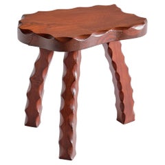 Brutalist Three Legged Stool in Carved Solid Elm, France, 1950s