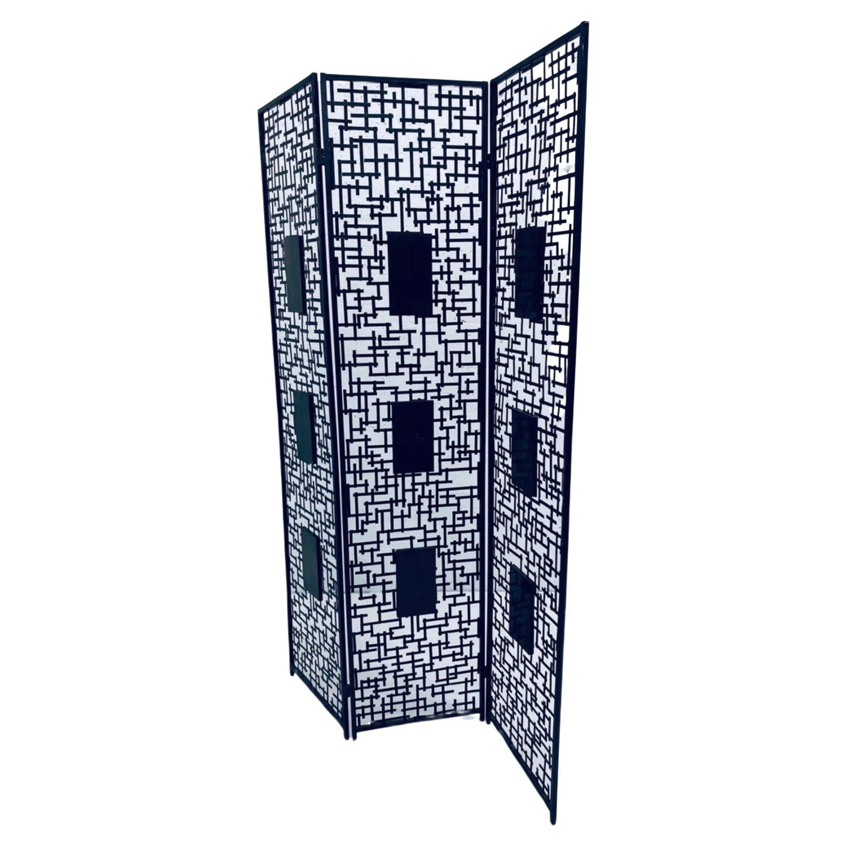 Brutalist Three Panel Wrought Iron And Marble Room Divider Screen.
Offered is a handsome three panel geometric black wrought iron hinged screen with inset panels of marble. This great screen offers a room divider separation that's see through which