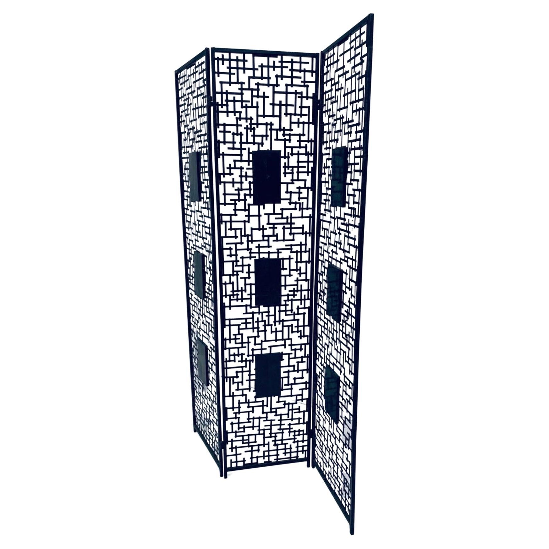 Brutalist Three Panel Wrought Iron And Marble Room Divider Screen In Good Condition For Sale In Houston, TX