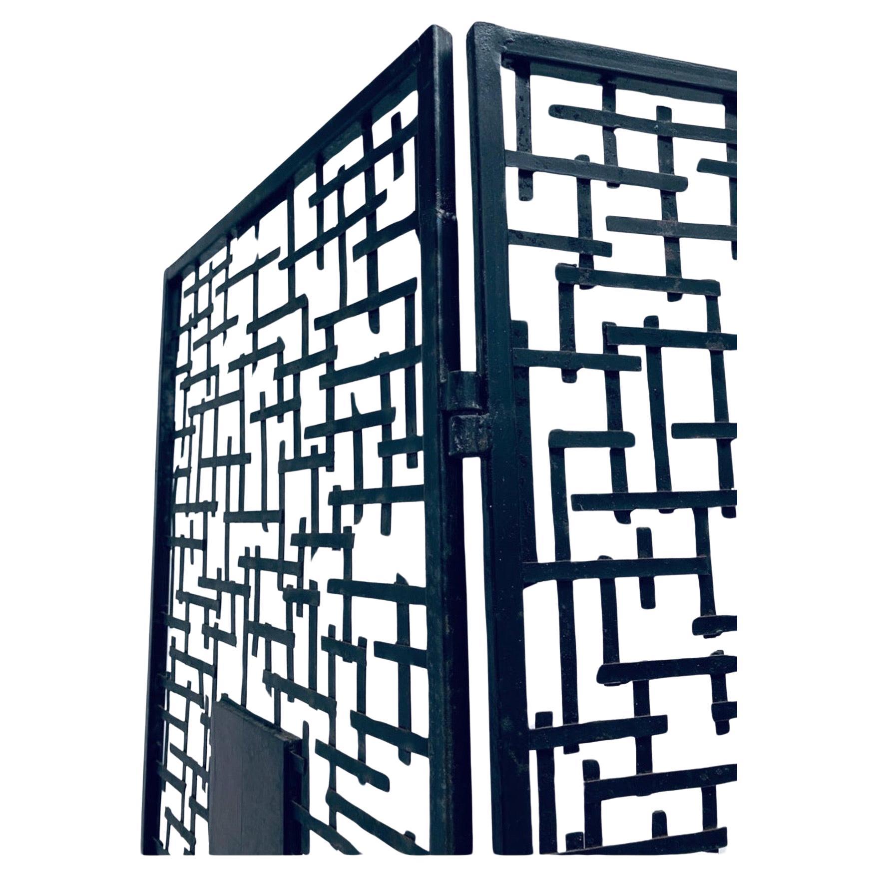 Brutalist Three Panel Wrought Iron And Marble Room Divider Screen For Sale 1