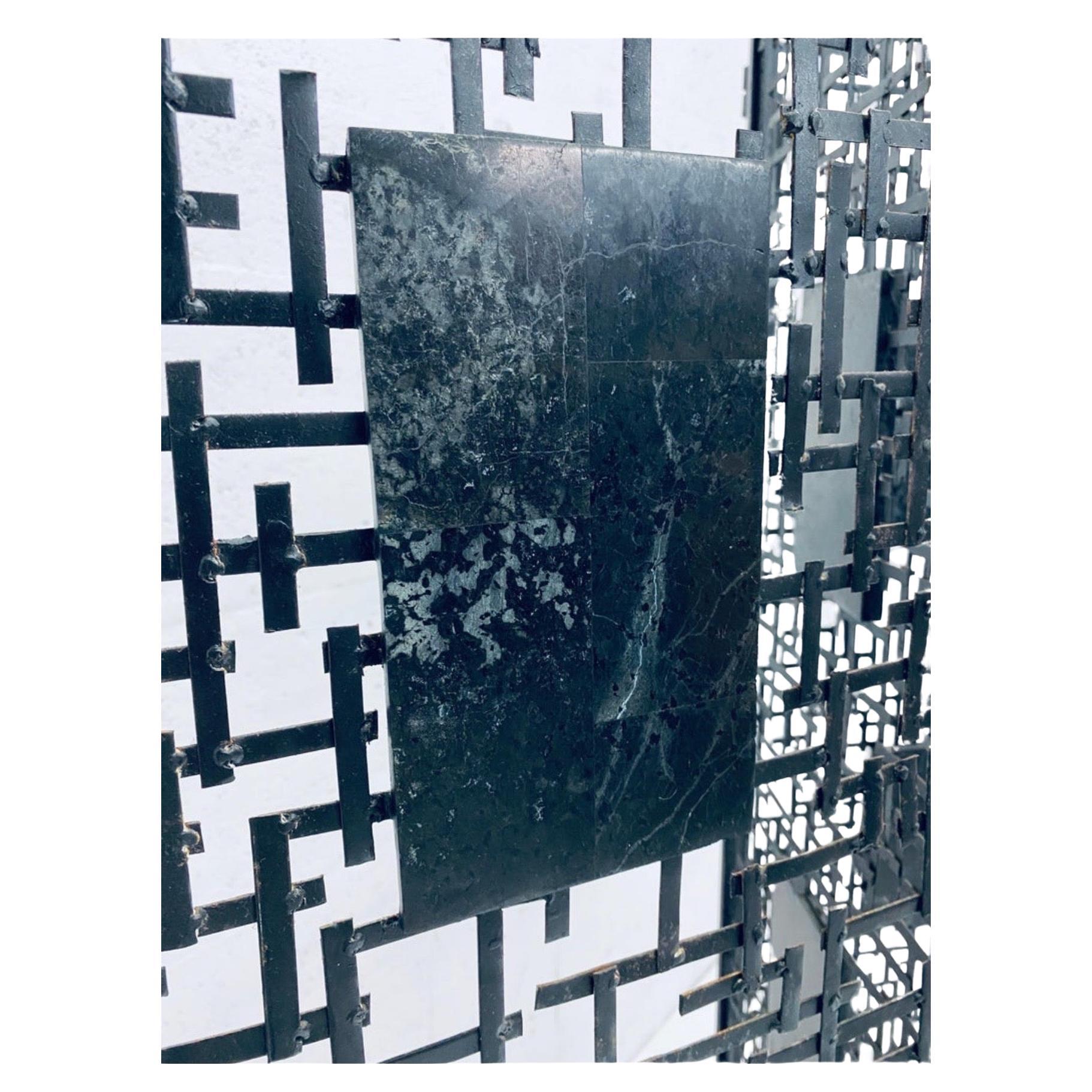 Brutalist Three Panel Wrought Iron And Marble Room Divider Screen For Sale 2