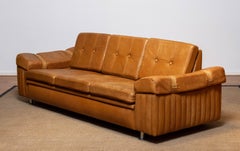 Brutalist Three-Seater Low-Back Sofa in Camel Colored Leather. Sweden 1970s