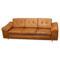 Brutalist Three-Seater Low-Back Sofa in Camel Colored Leather. Sweden 1970s