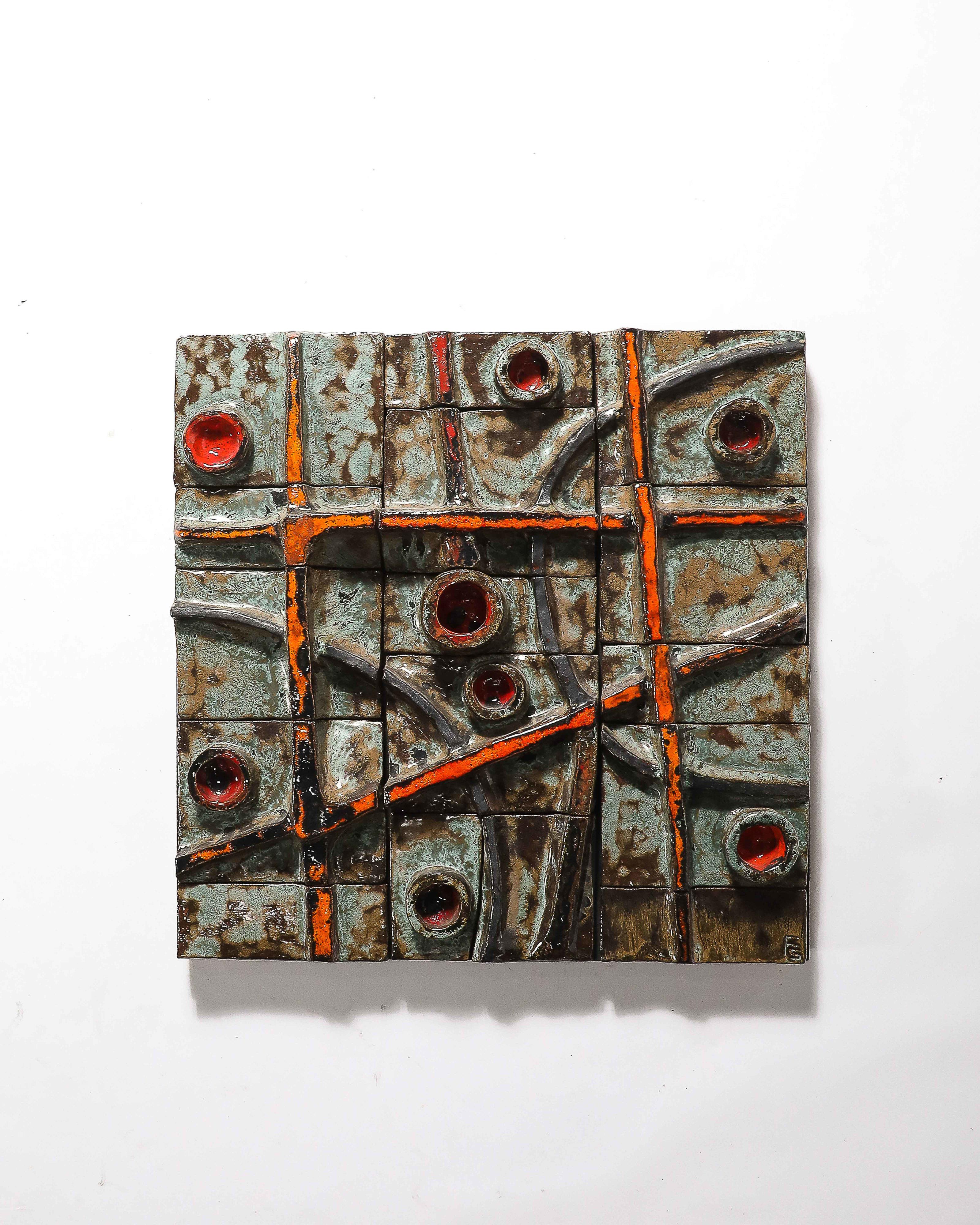 French Brutalist Tile Sculpture Glazed Ceramic France, c. 1970 For Sale