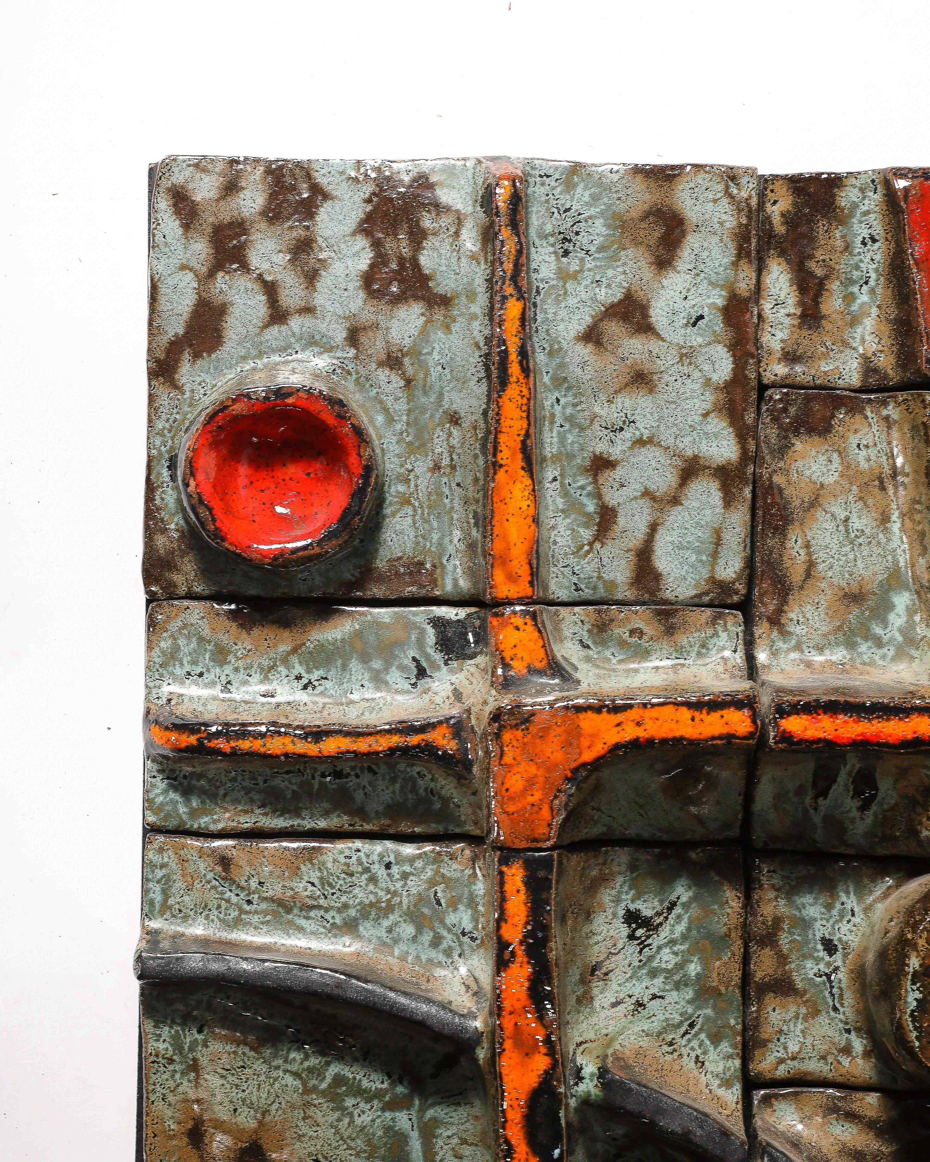 Brutalist Tile Sculpture Glazed Ceramic France, c. 1970 For Sale 1