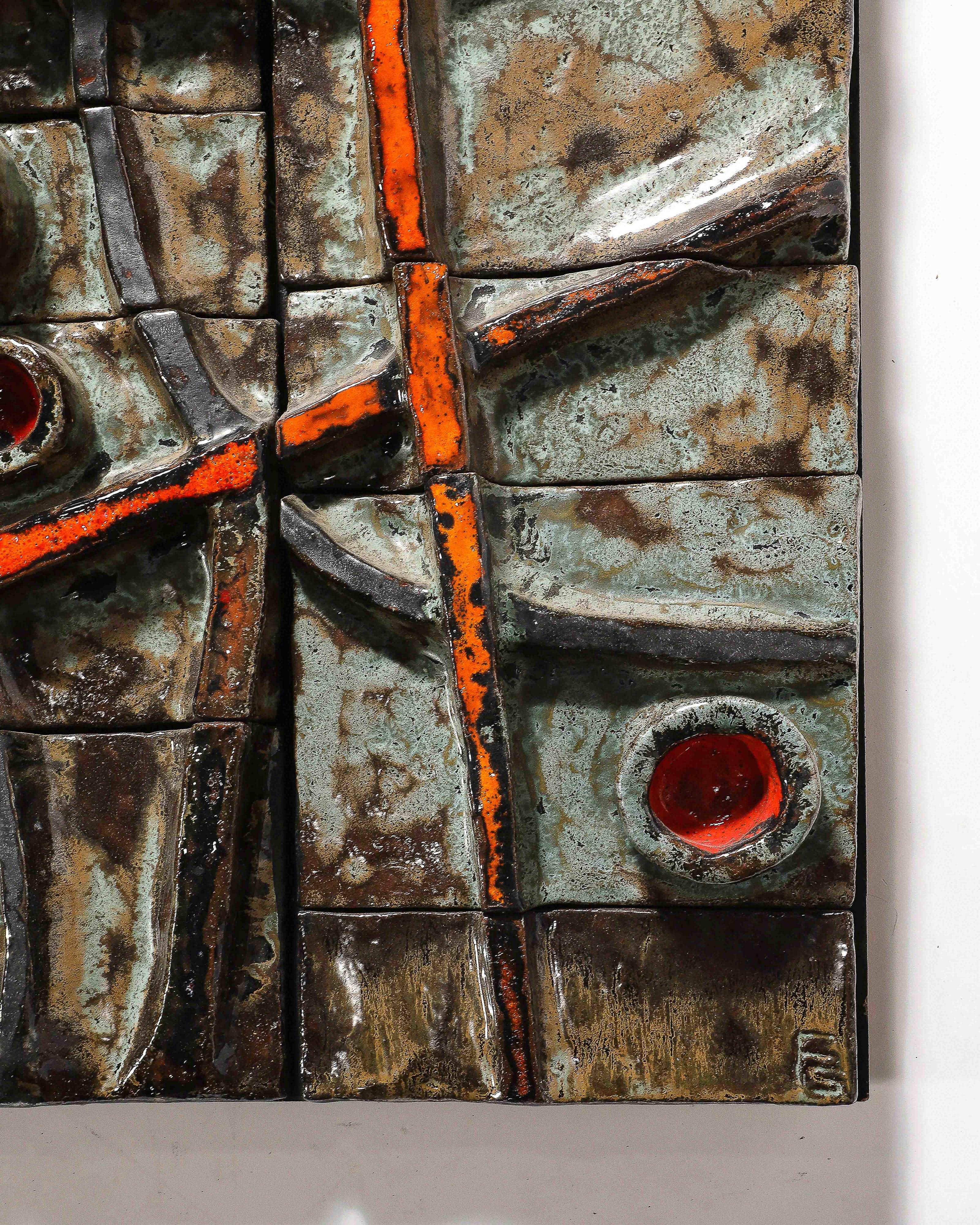Brutalist Tile Sculpture Glazed Ceramic France, c. 1970 For Sale 3