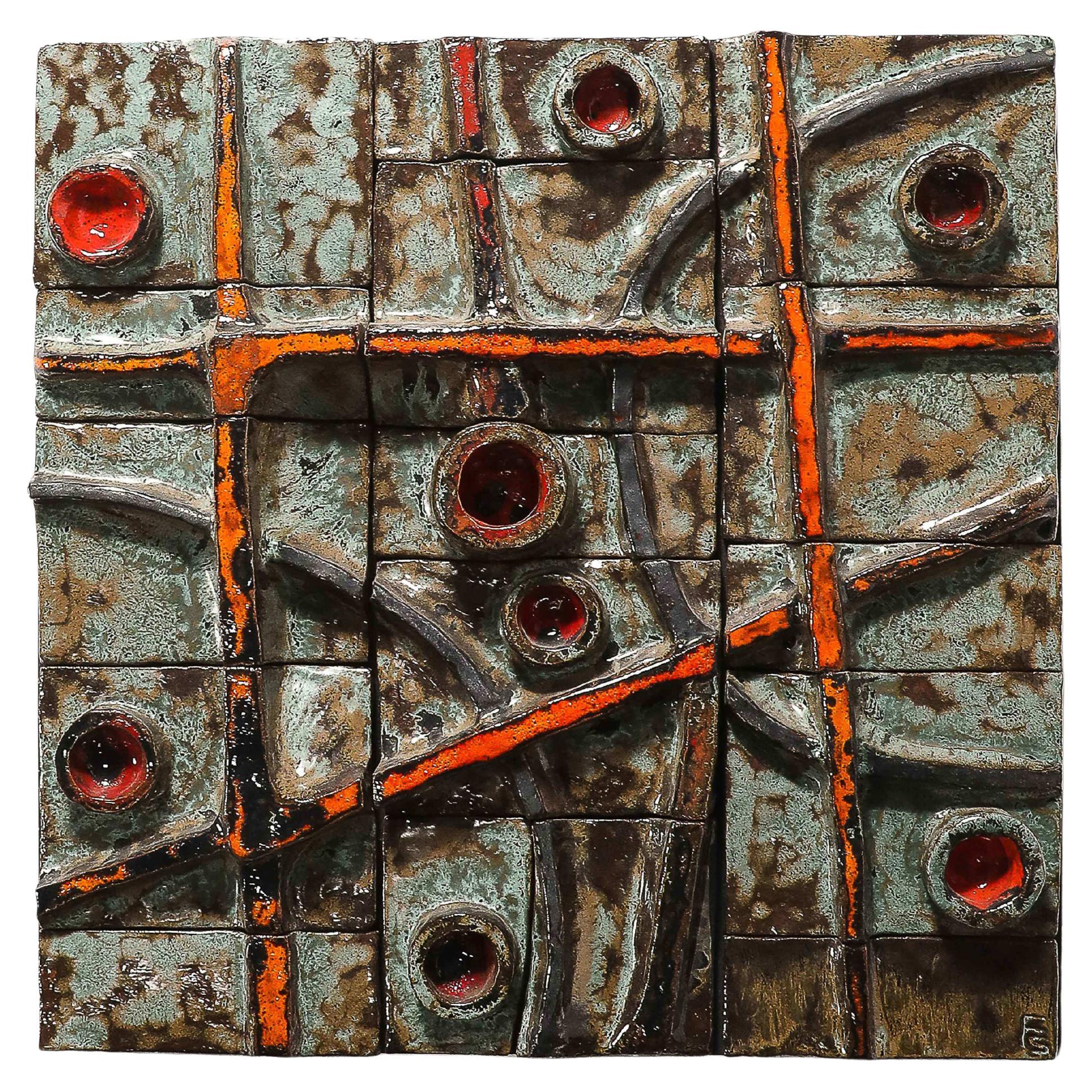 Brutalist Tile Sculpture Glazed Ceramic France, c. 1970 For Sale