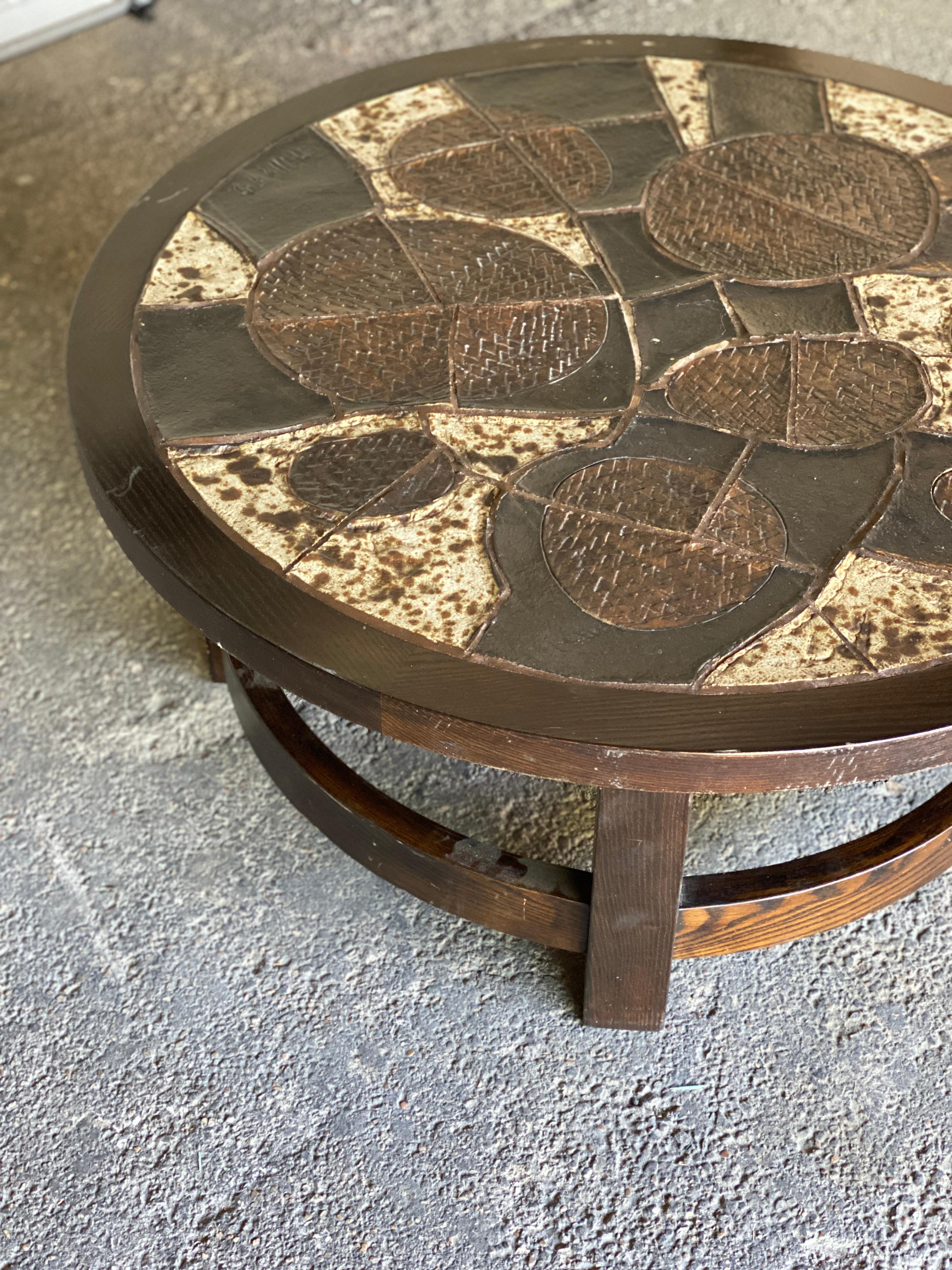 Wood Brutalist Tile Top Cocktail Table, Round, Belgium, 1960's