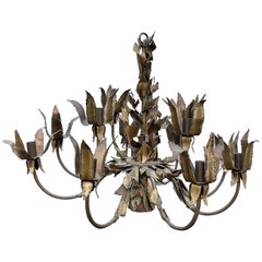 Used Brutalist Tom Greene Torch Cut Brass 12 Light Chandelier Hanging Light Fixture