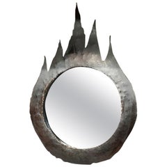 Vintage Brutalist Torch Cut Black Patinated Steel Mirror, France, 1970s