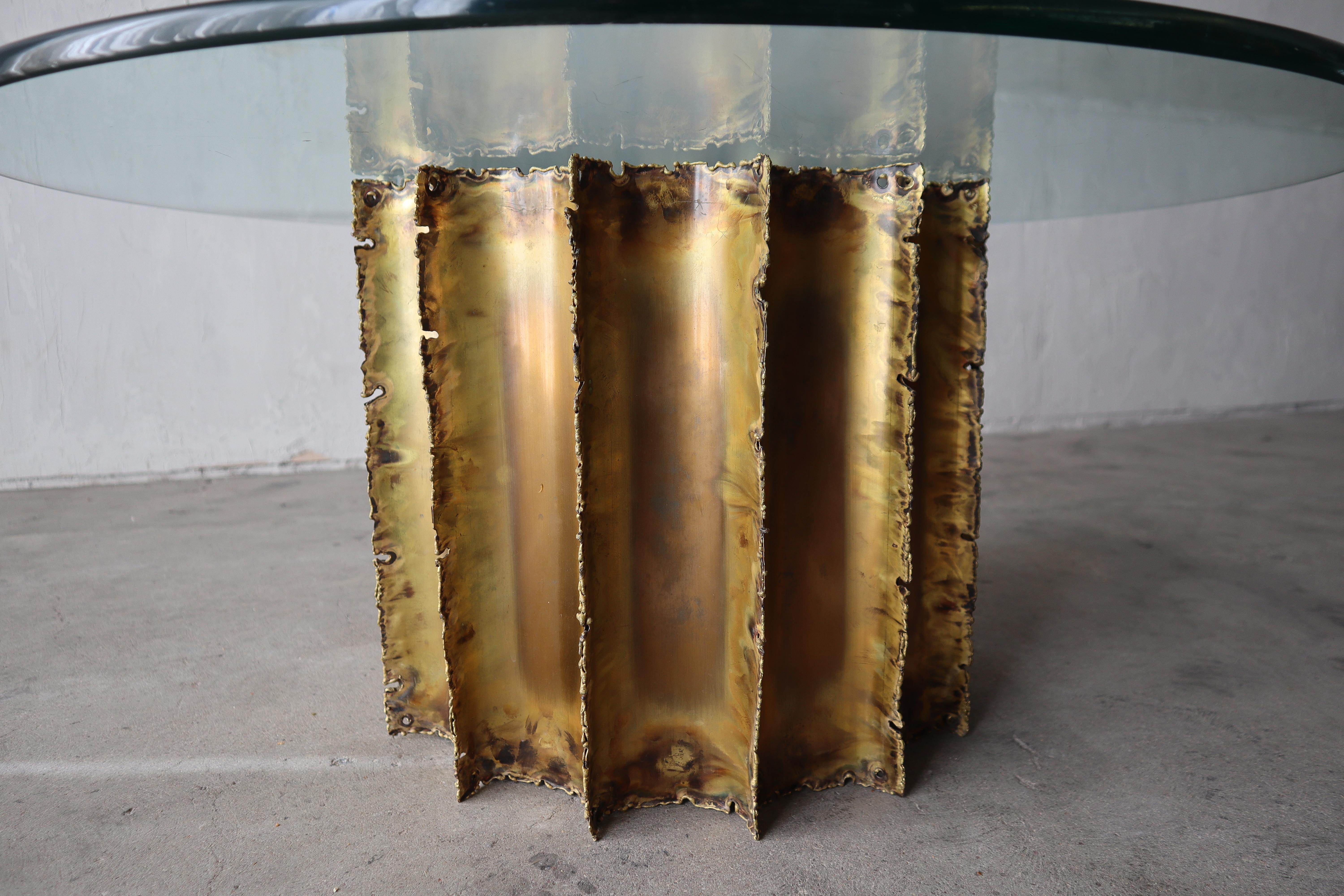 Brutalist Torch Cut Brass and Glass Drum Coffee Table In Good Condition In Las Vegas, NV