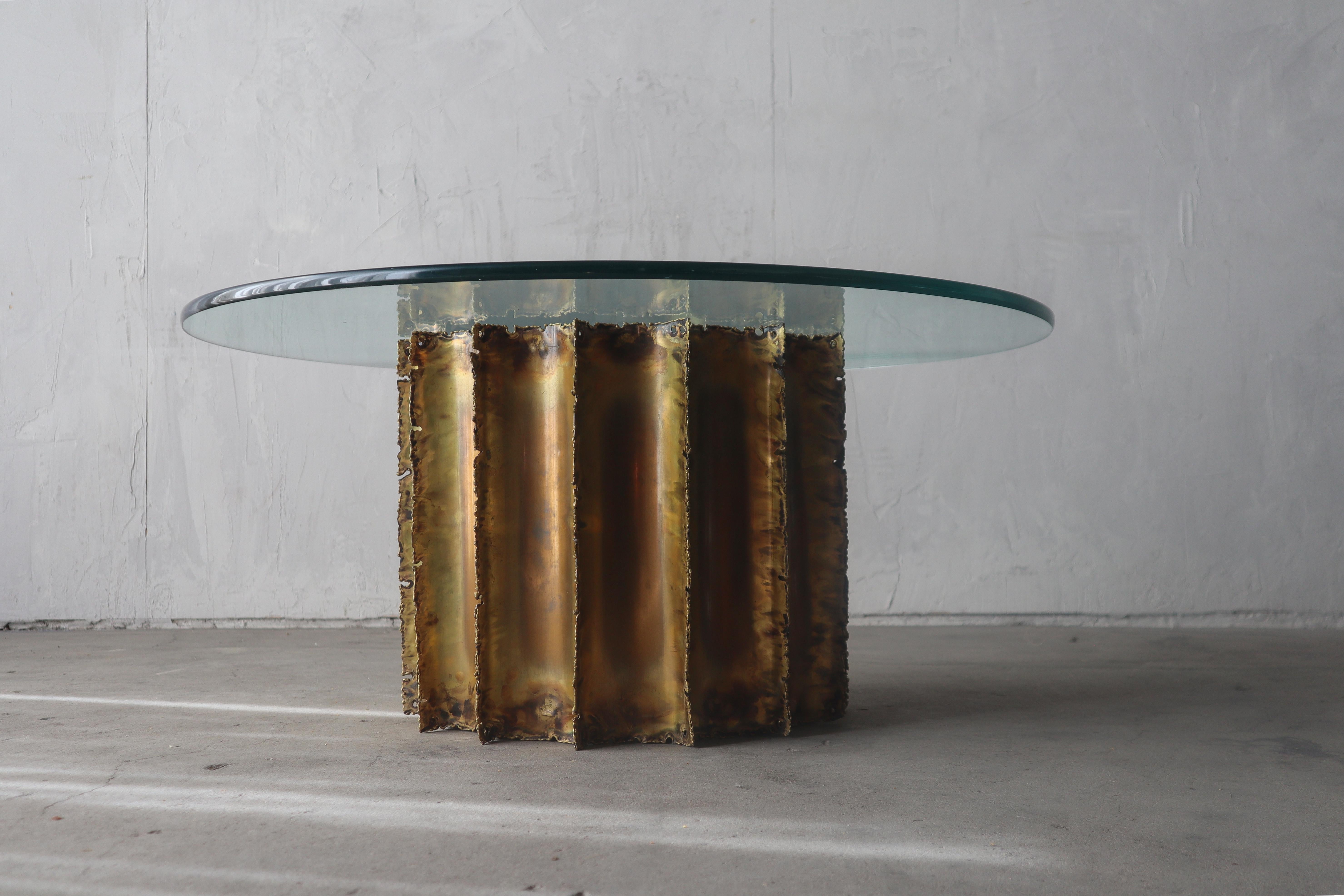 20th Century Brutalist Torch Cut Brass and Glass Drum Coffee Table