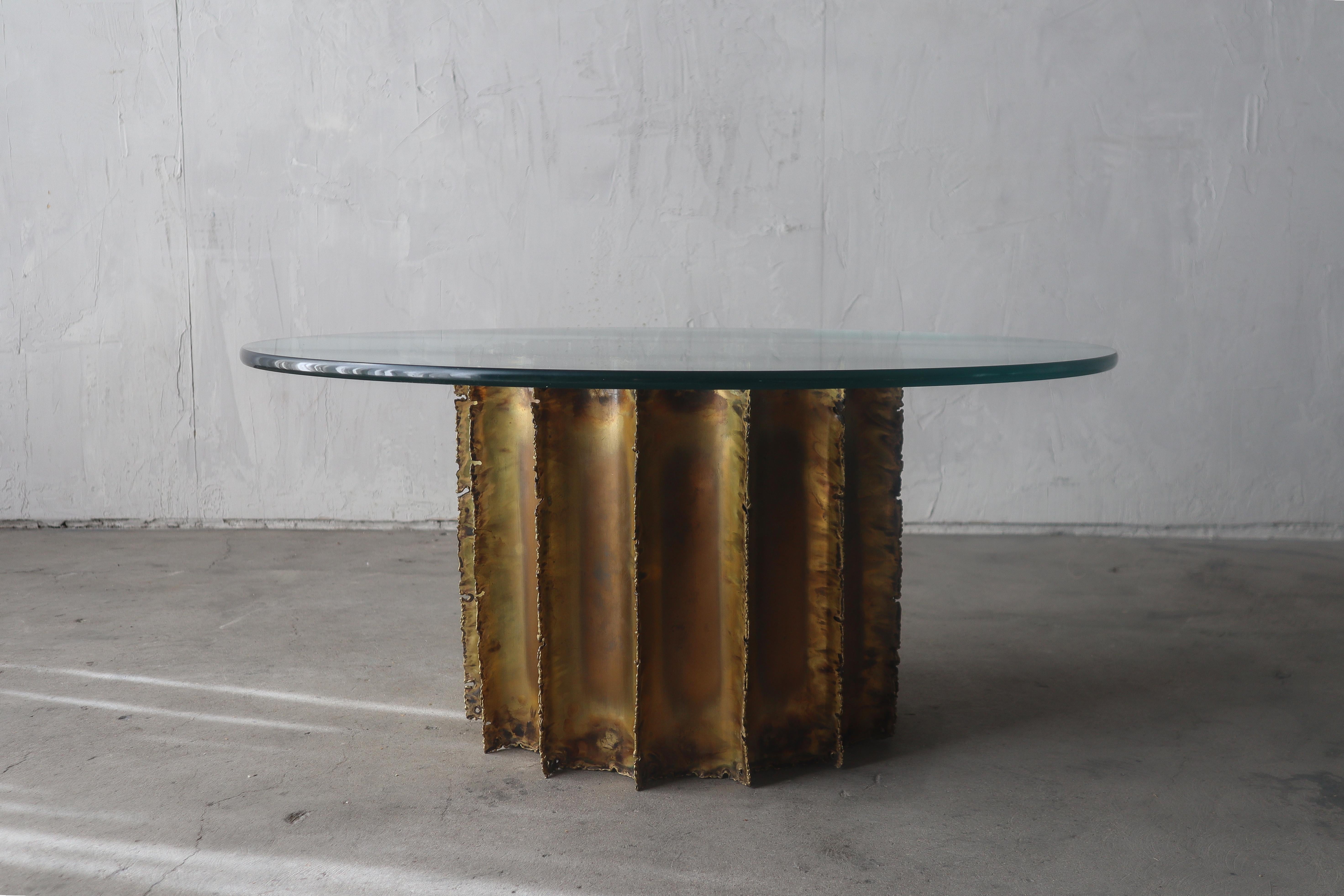 Brutalist Torch Cut Brass and Glass Drum Coffee Table 1