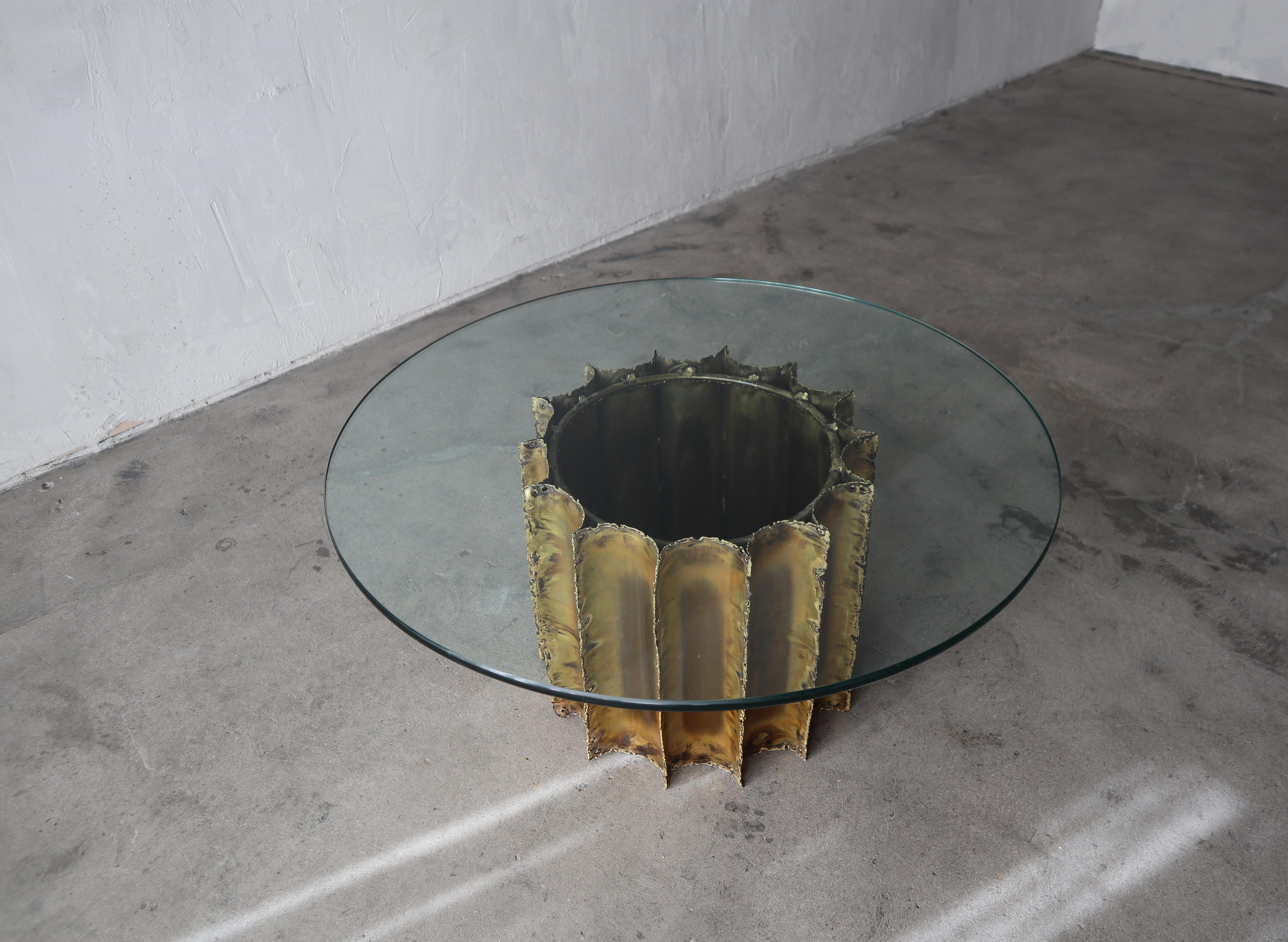 Brutalist Torch Cut Brass and Glass Drum Coffee Table 2