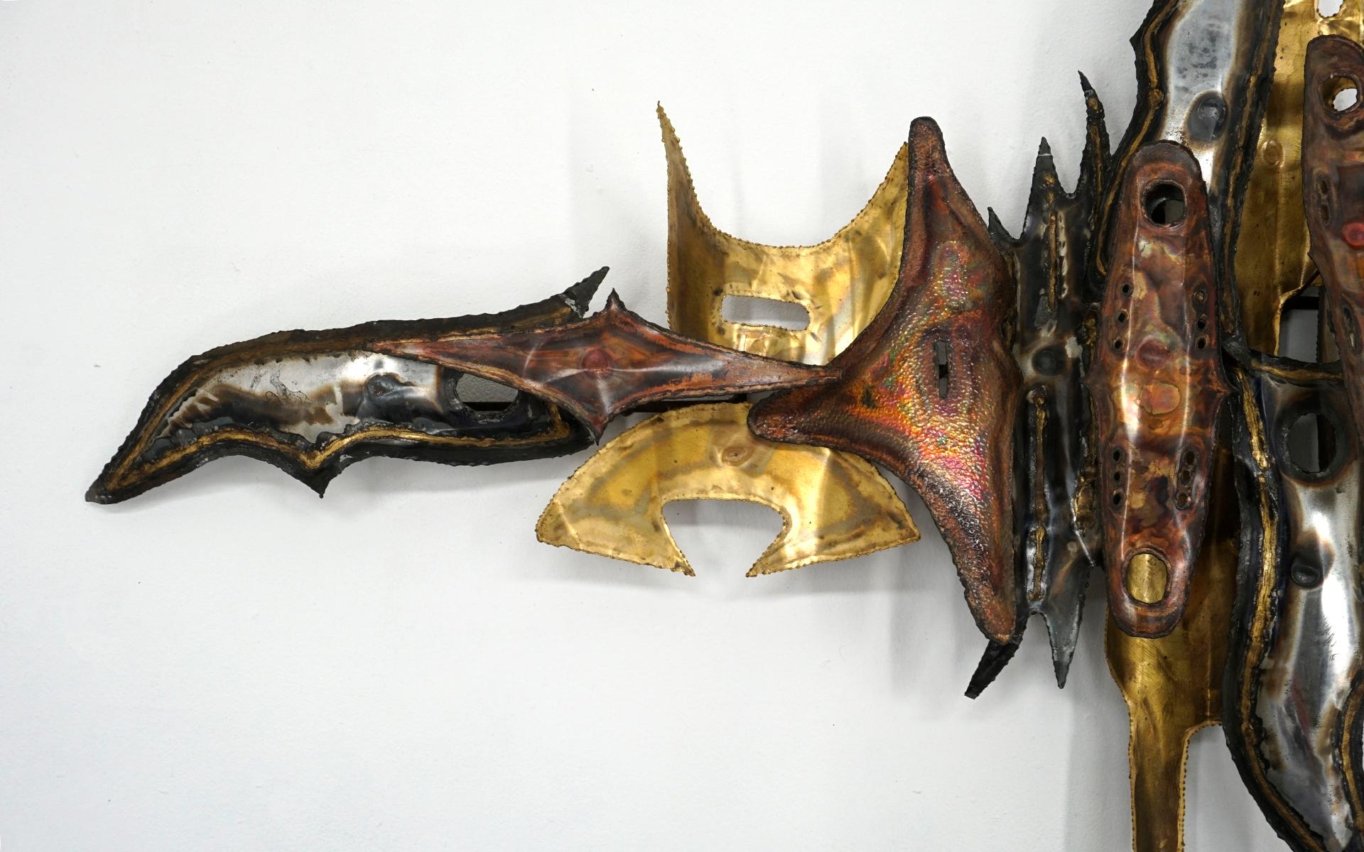 Mid-Century Modern Brutalist Torch Cut Brass and Steel Wall Sculpture, Six Feet Wide, Signed For Sale