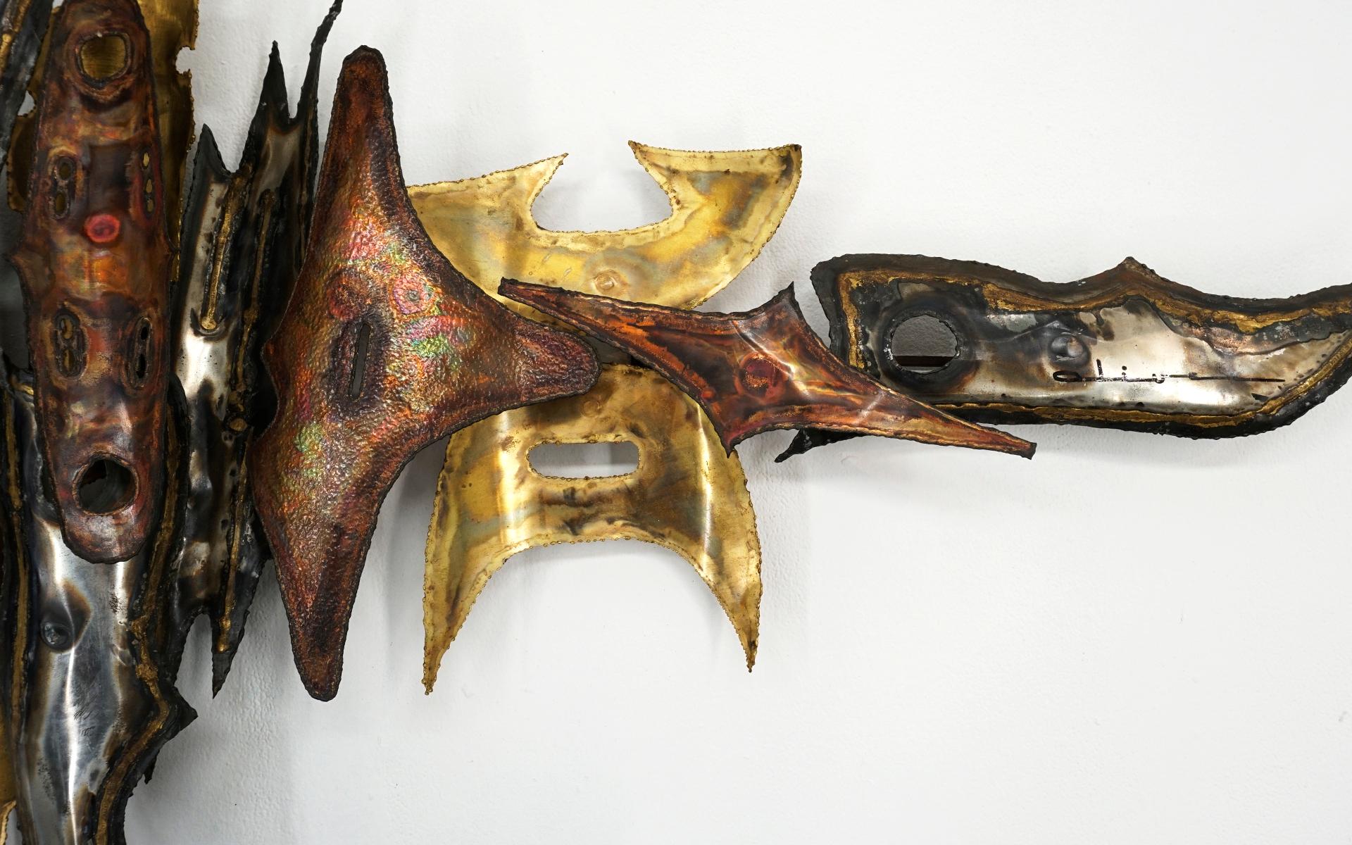 American Brutalist Torch Cut Brass and Steel Wall Sculpture, Six Feet Wide, Signed For Sale