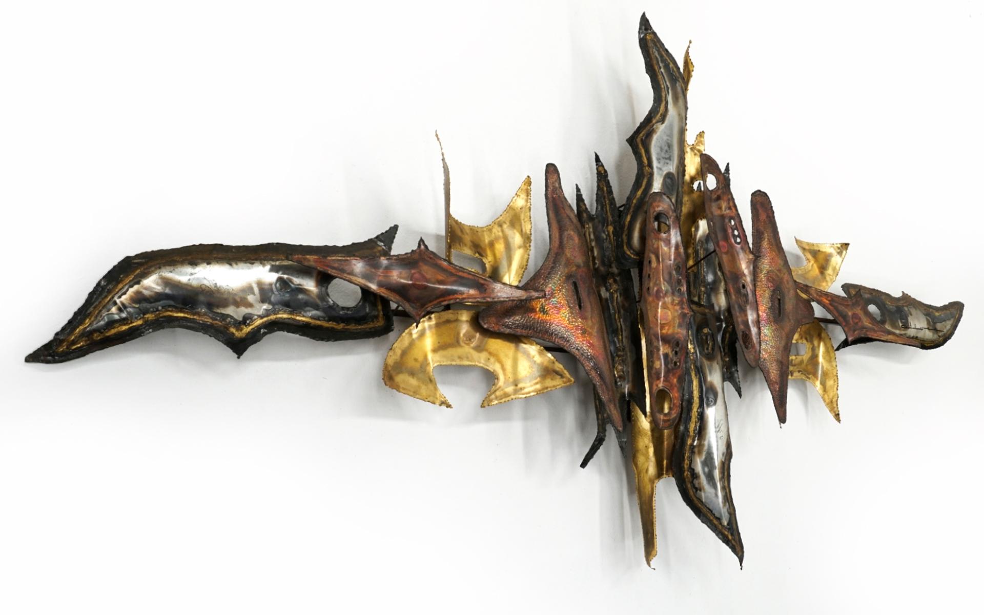 Brutalist Torch Cut Brass and Steel Wall Sculpture, Six Feet Wide, Signed For Sale 1