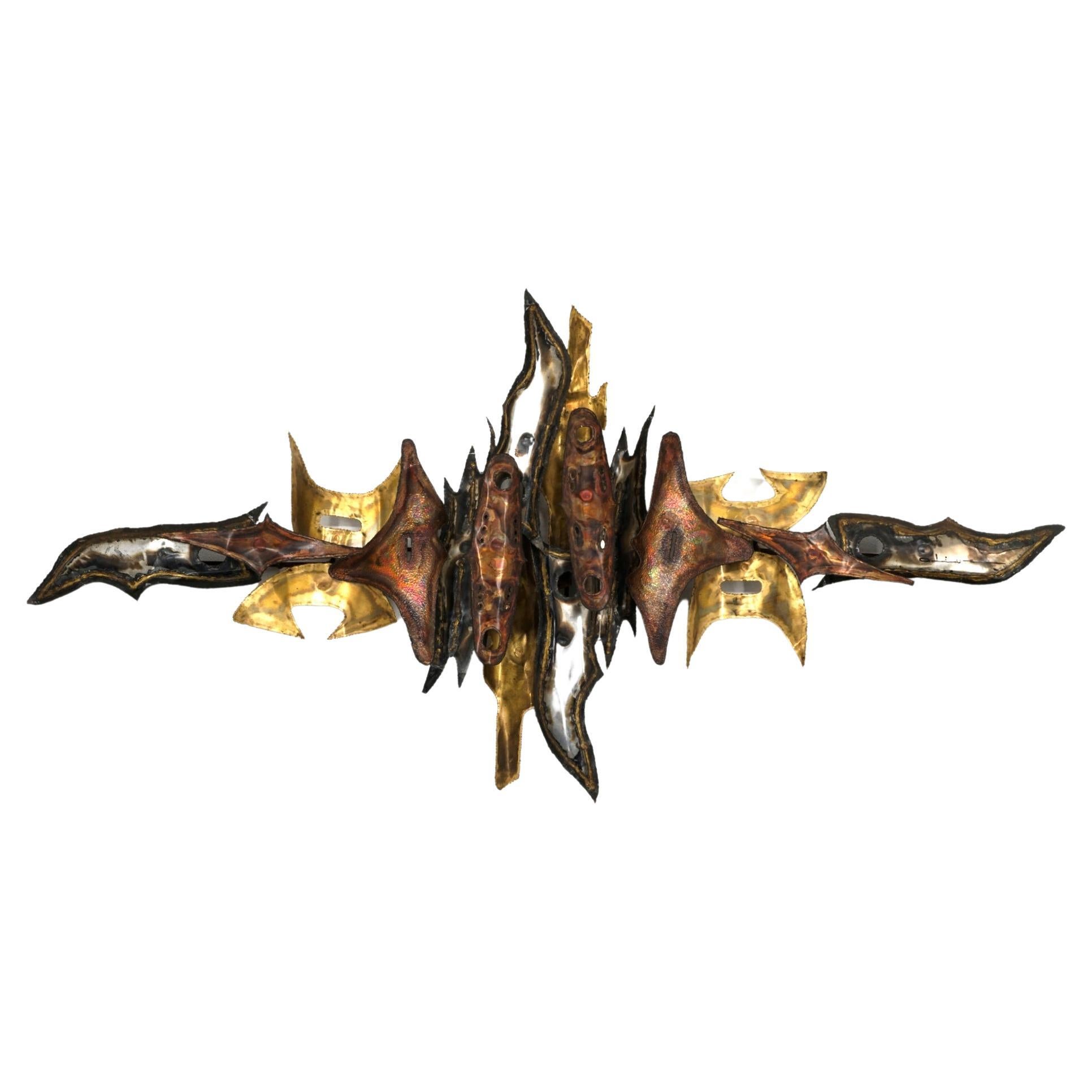 Brutalist Torch Cut Brass and Steel Wall Sculpture, Six Feet Wide, Signed For Sale
