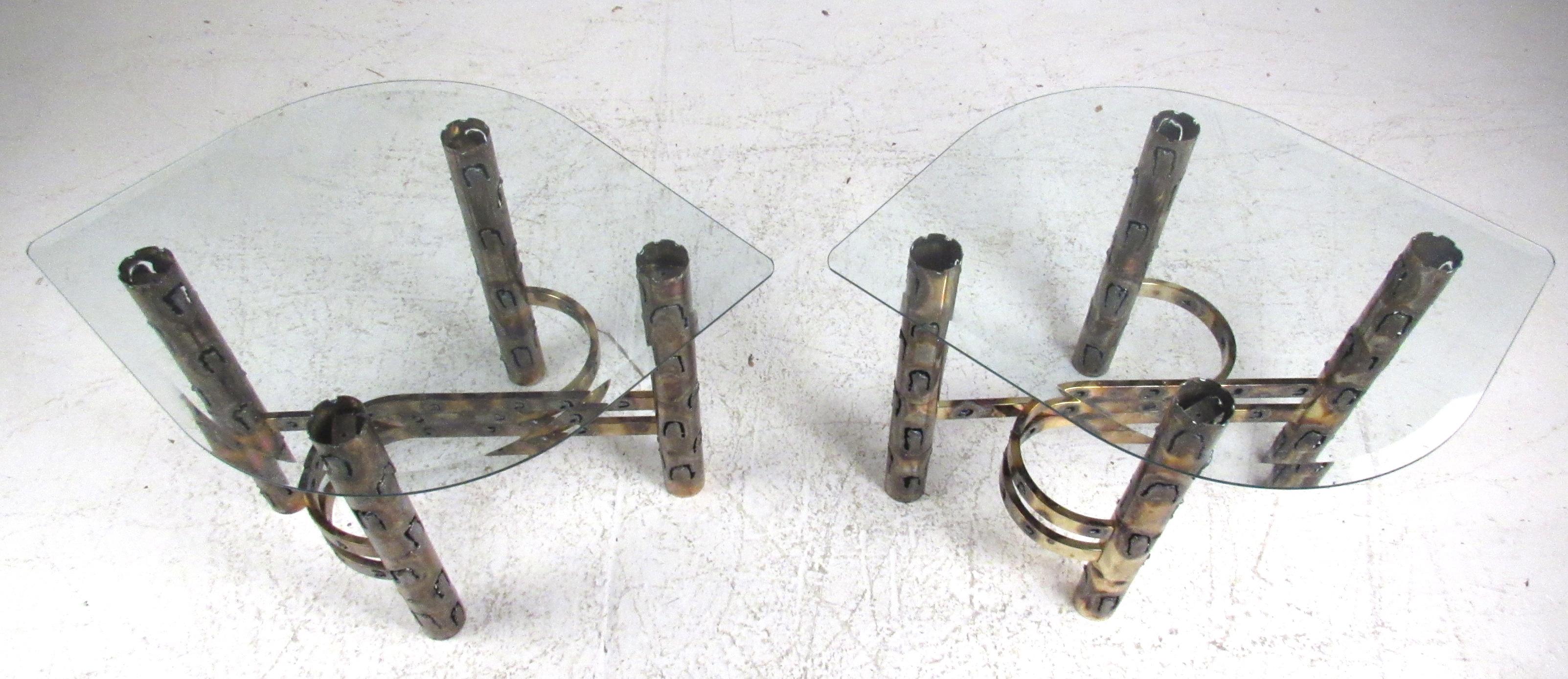Brutalist Torch Cut Brass Table Set with Glass Tops For Sale 5