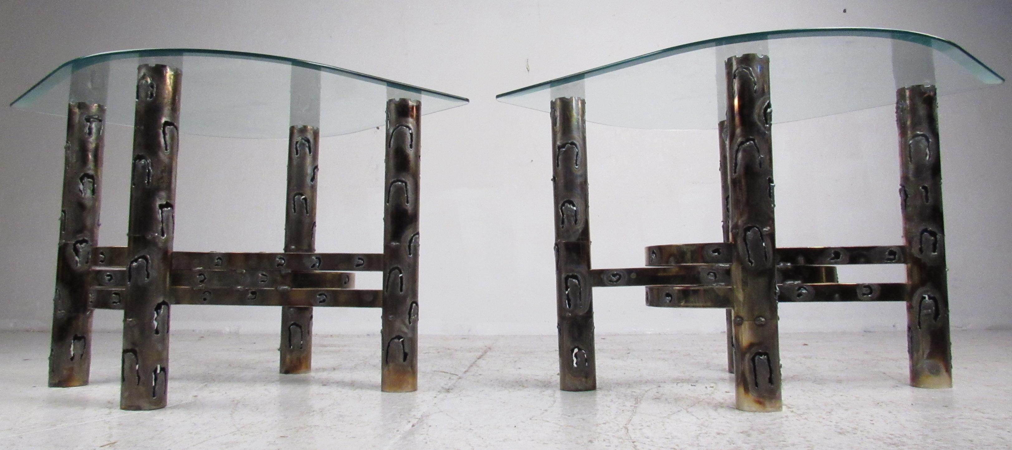 Brutalist Torch Cut Brass Table Set with Glass Tops For Sale 6