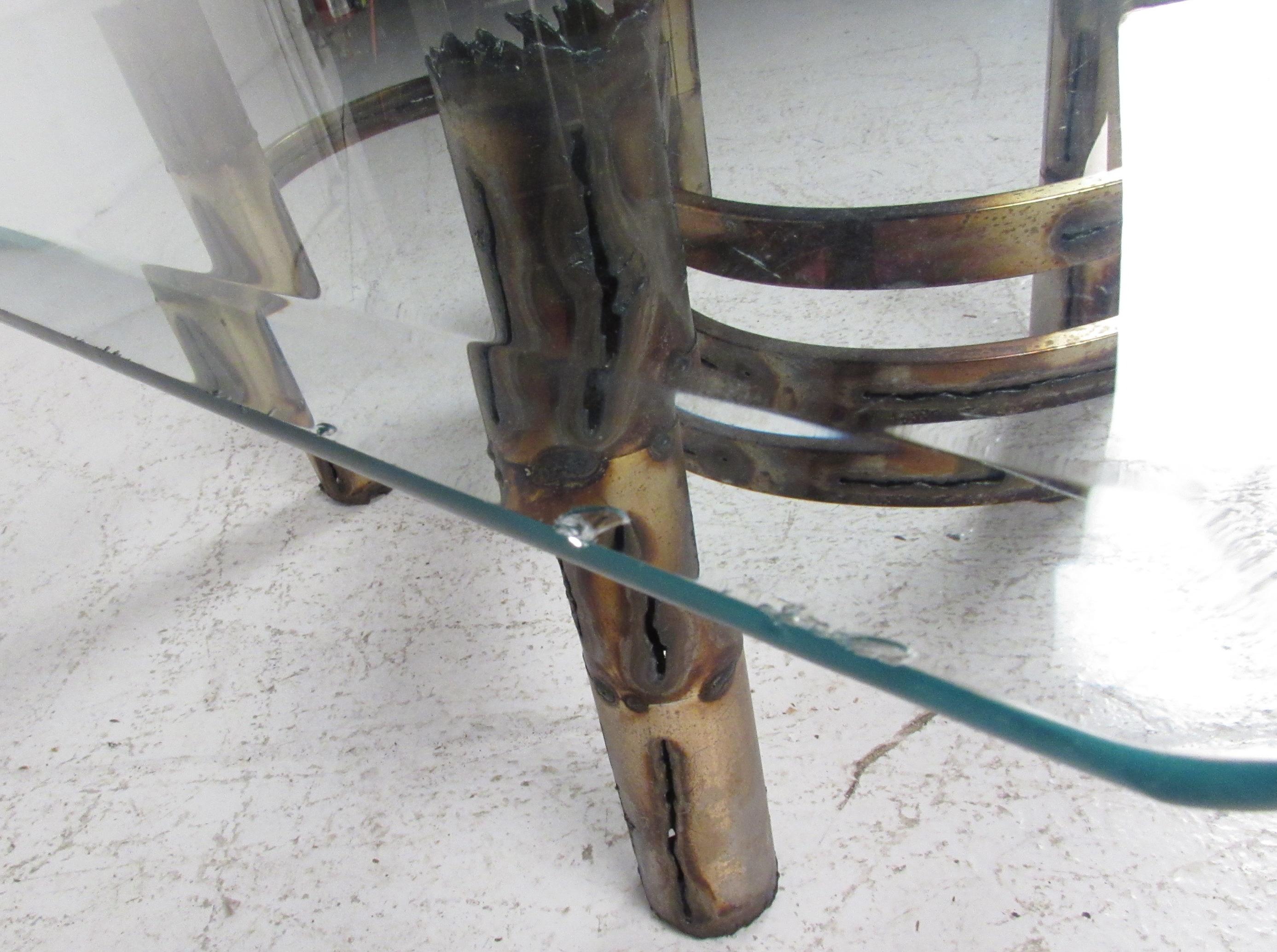 Brutalist Torch Cut Brass Table Set with Glass Tops For Sale 9