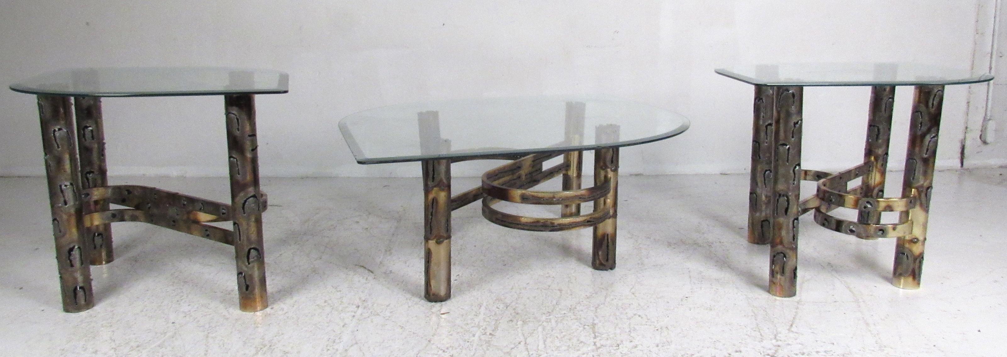 American Brutalist Torch Cut Brass Table Set with Glass Tops For Sale