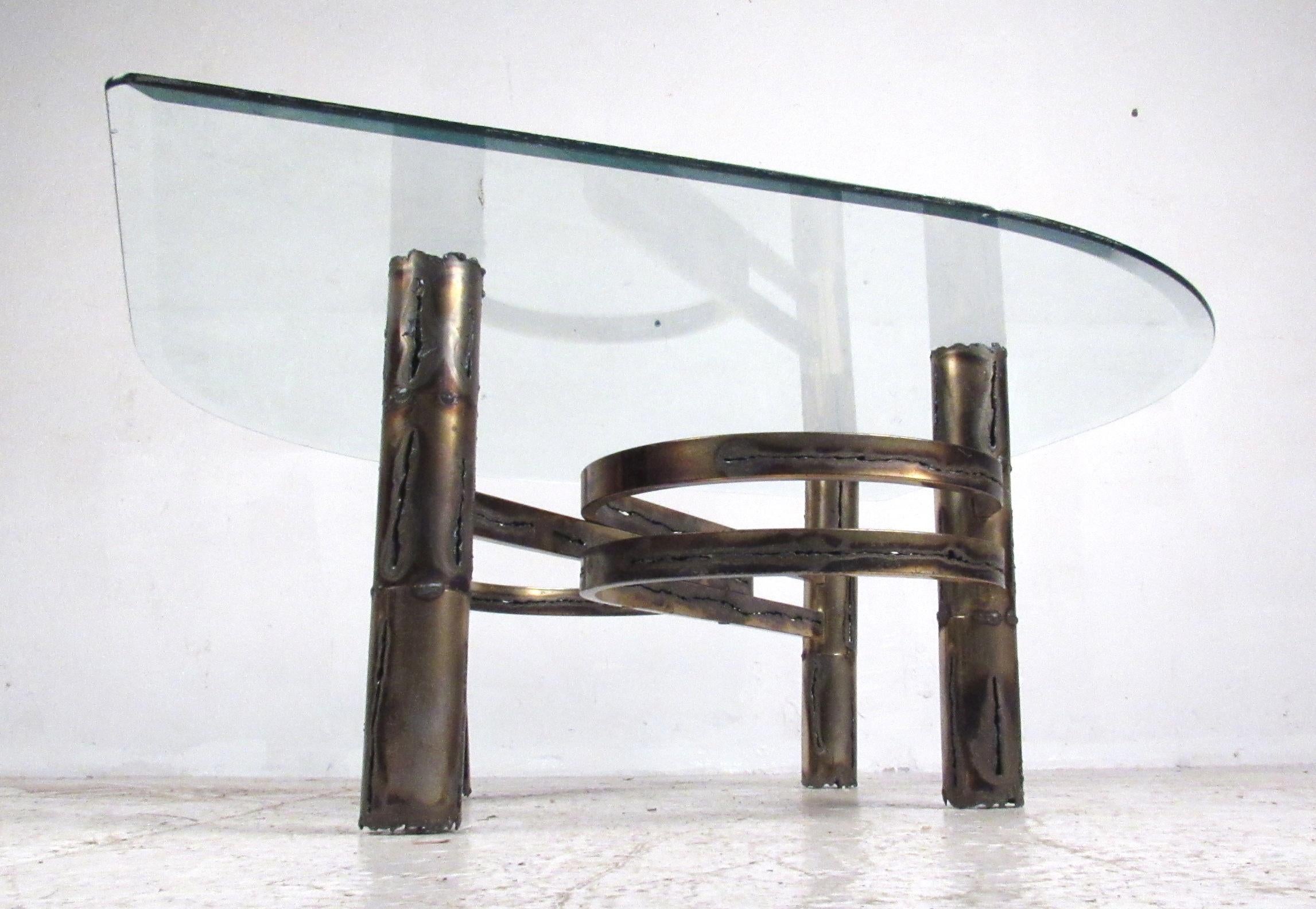 Late 20th Century Brutalist Torch Cut Brass Table Set with Glass Tops For Sale