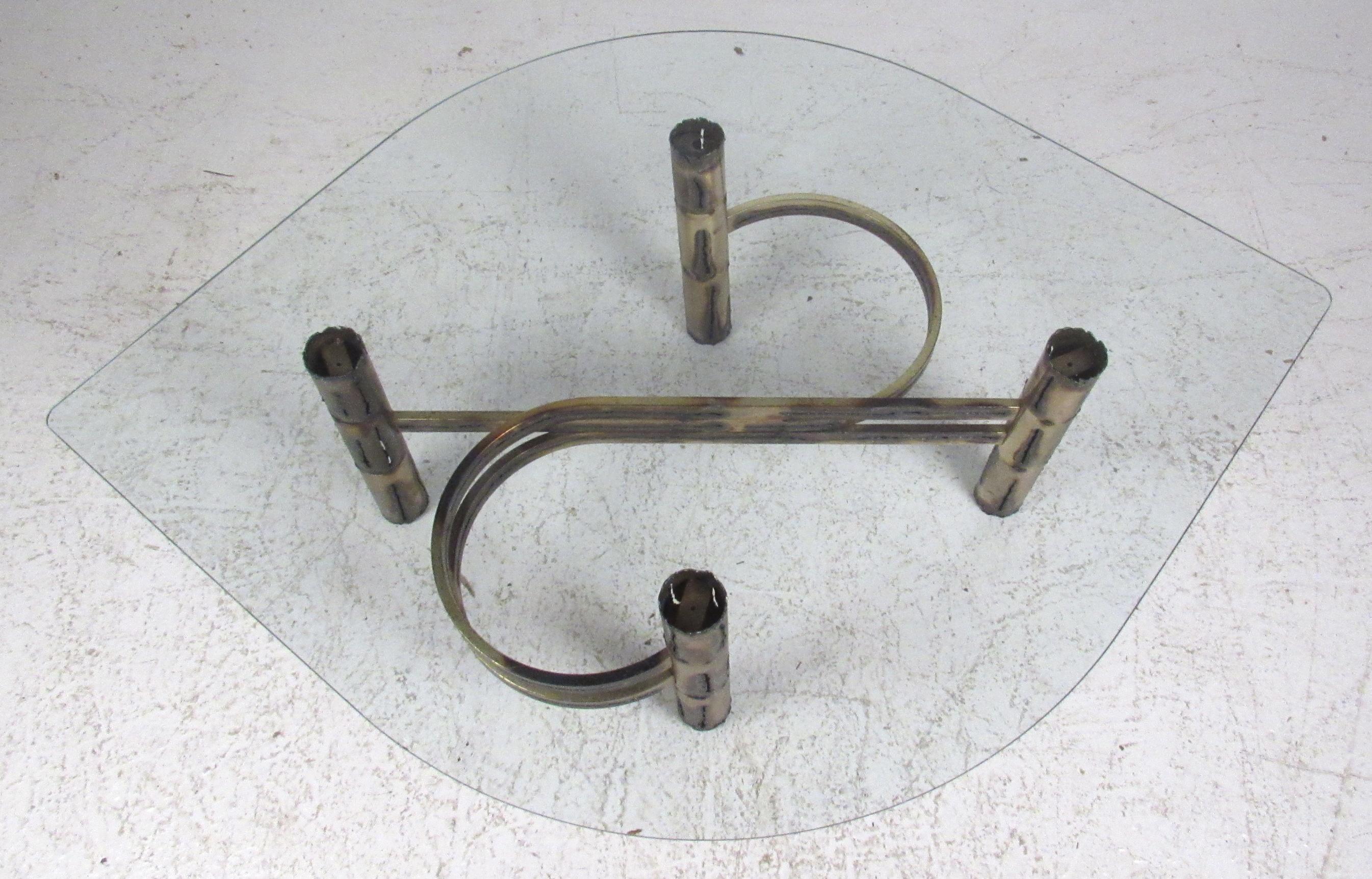 Brutalist Torch Cut Brass Table Set with Glass Tops For Sale 1
