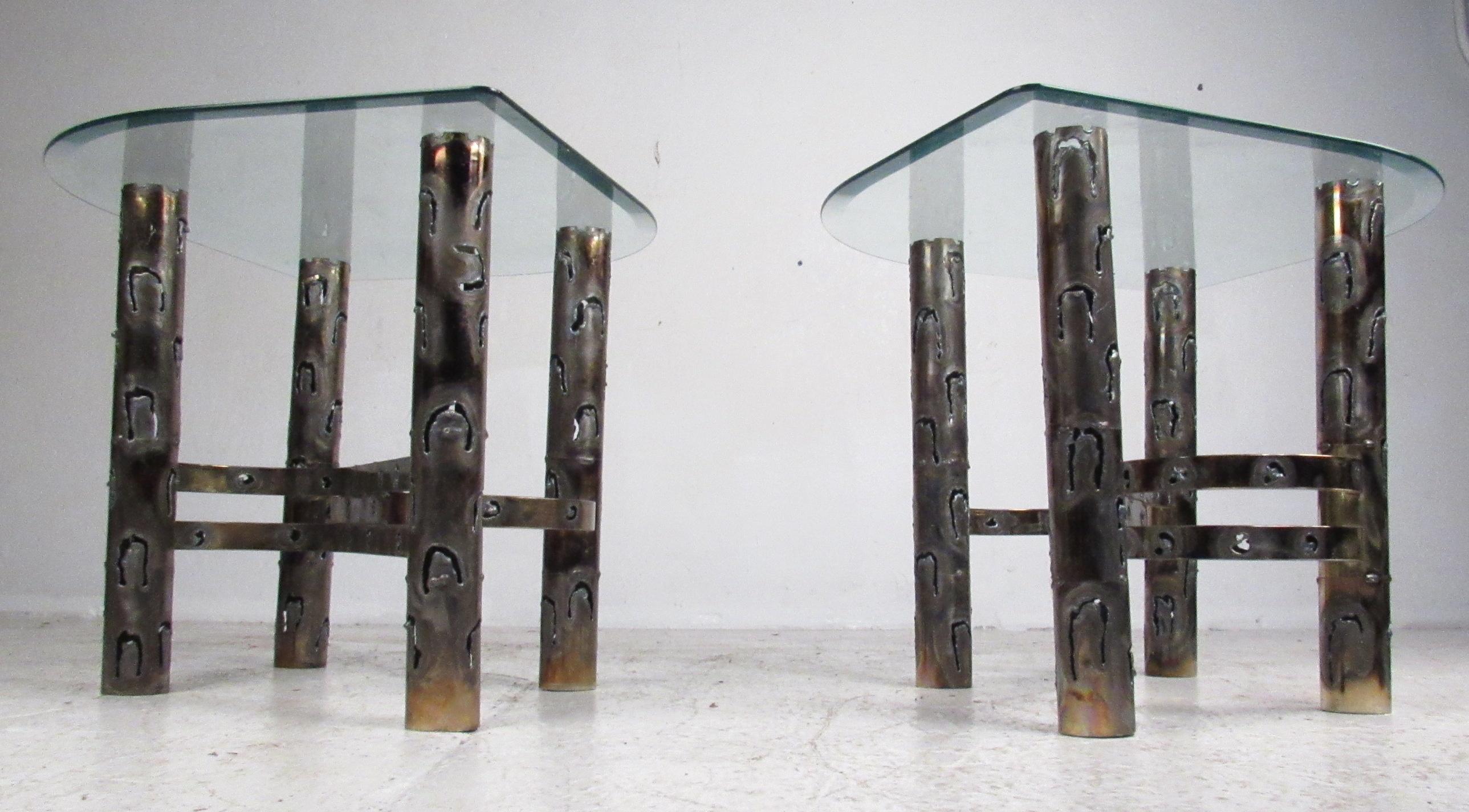Brutalist Torch Cut Brass Table Set with Glass Tops For Sale 2